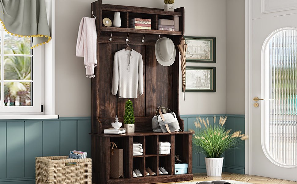 Hall Tree with 6 Hooks , Coat Hanger, Entryway Bench, Storage Bench, 3-in-1 Design, 39.4INCH, for Entrance, Hallway - Divine Heart L.A.