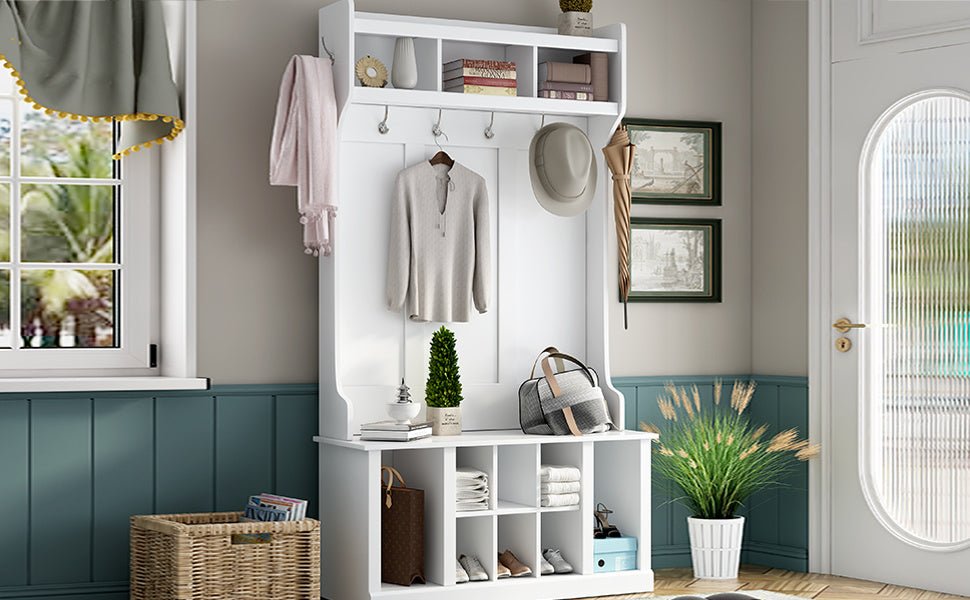 Hall Tree with 6 Hooks , Coat Hanger, Entryway Bench, Storage Bench, 3-in-1 Design, 39.4INCH, for Entrance, Hallway - Divine Heart L.A.