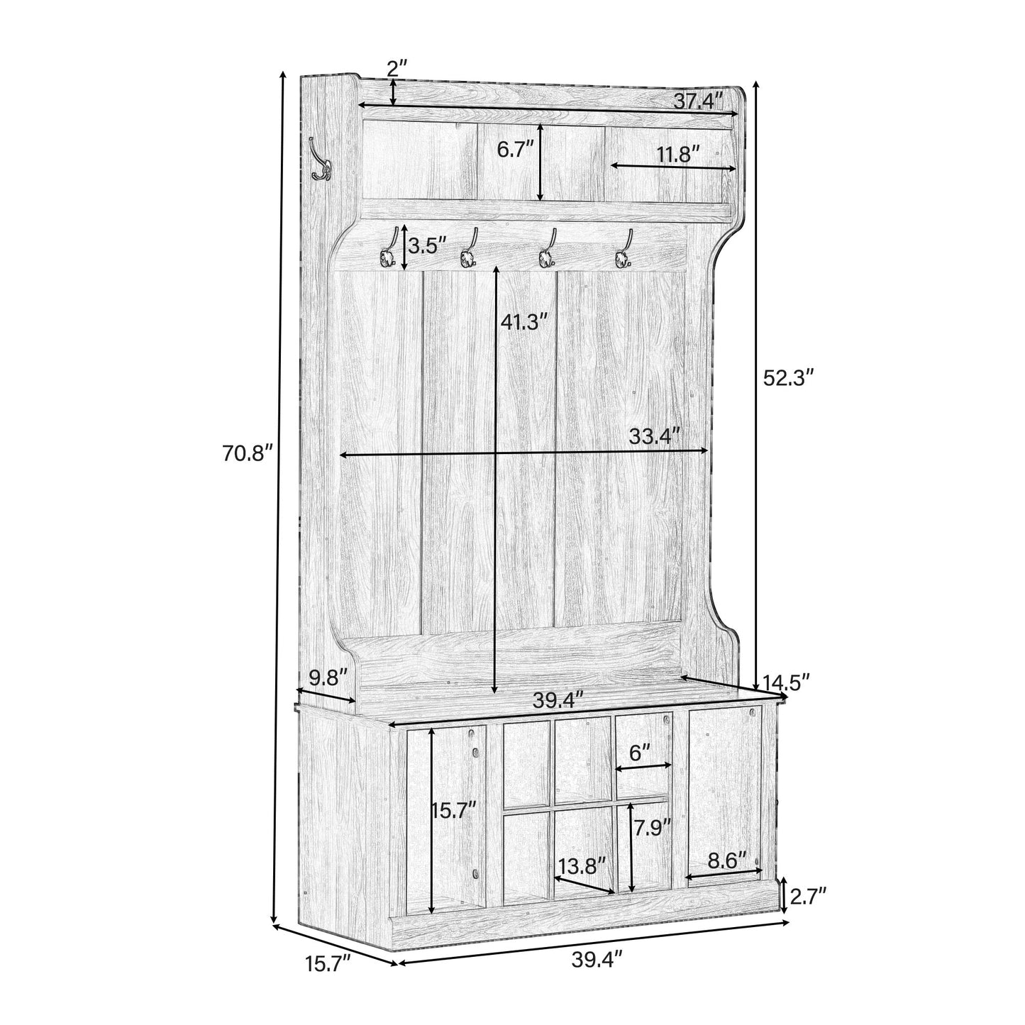 Hall Tree with 6 Hooks , Coat Hanger, Entryway Bench, Storage Bench, 3-in-1 Design, 39.4INCH, for Entrance, Hallway - Divine Heart L.A.