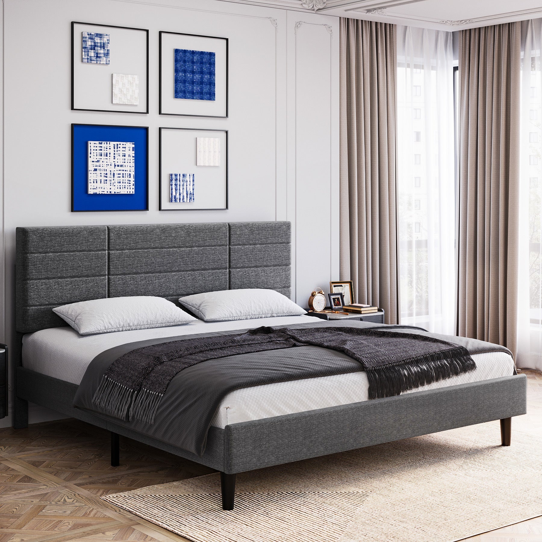 Hayes King Size Bed Frame with Upholstered Headboard and Wooden Slats - Divine Heart L.A.