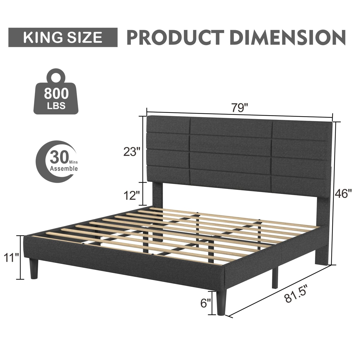 Hayes King Size Bed Frame with Upholstered Headboard and Wooden Slats - Divine Heart L.A.