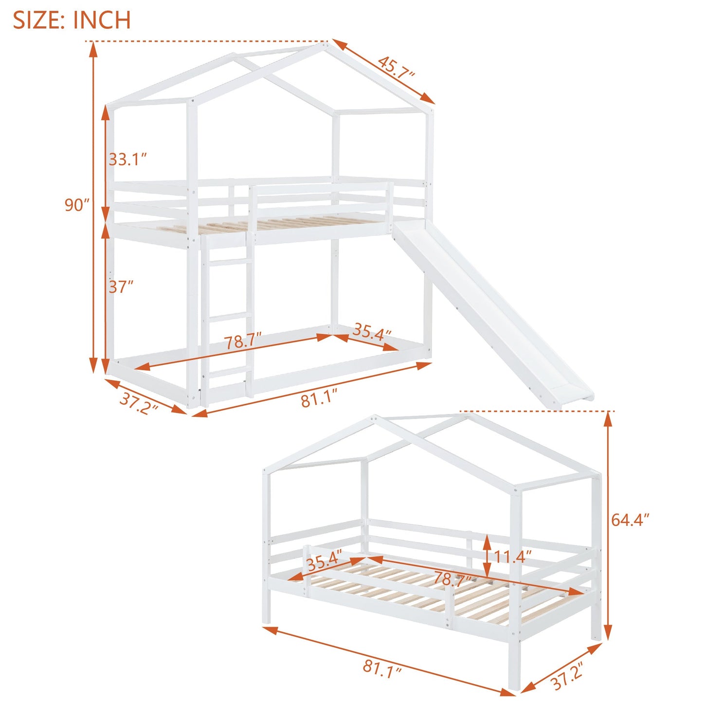 High Loft Twin Bed with Roof, Slide and Ladder - Divine Heart L.A.