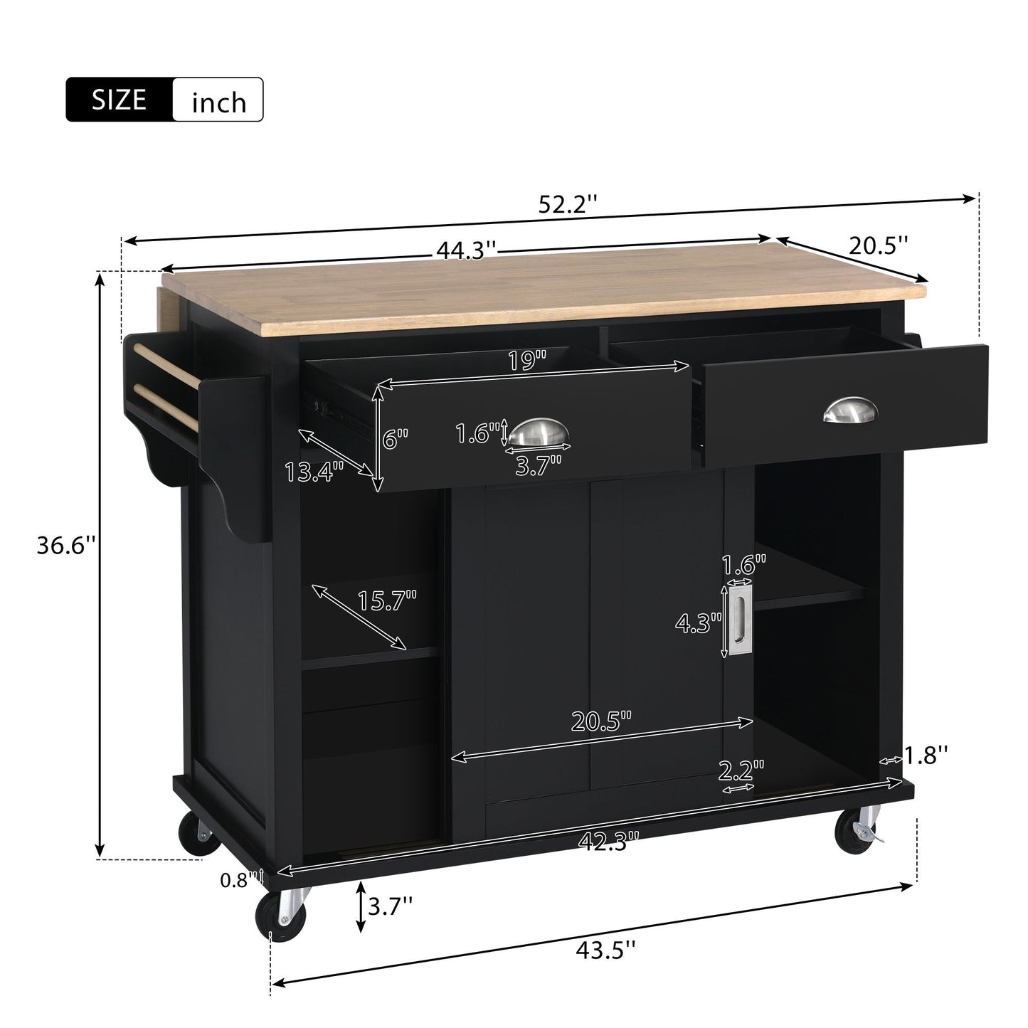 Kitchen Cart with Rubber wood Drop-Leaf Countertop, Concealed sliding barn door adjustable height,Kitchen Island on 4 Wheels with Storage Cabinet and 2 Drawers,L52.2xW30.5xH36.6 inch, Black - Divine Heart L.A.