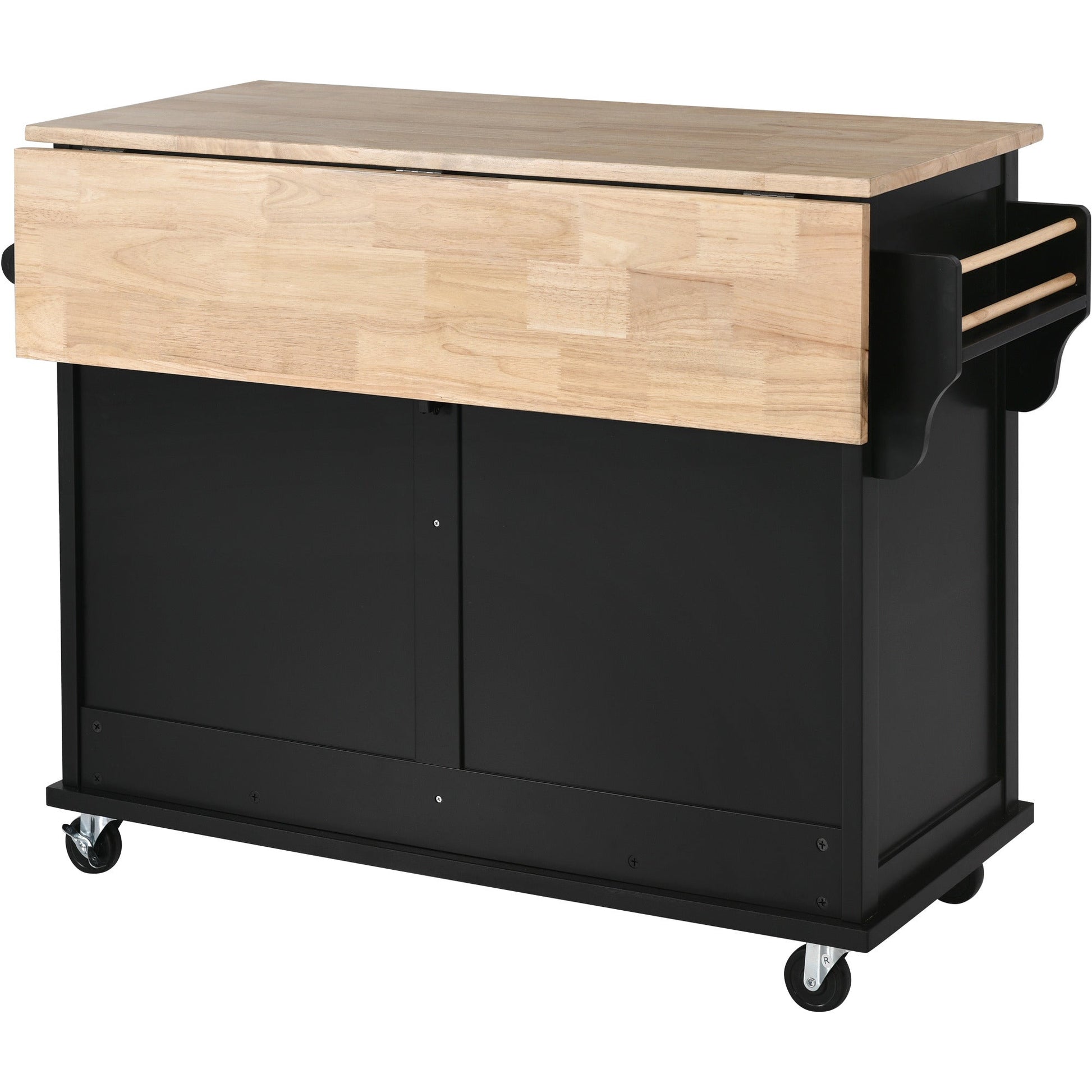 Kitchen Cart with Rubber wood Drop-Leaf Countertop, Concealed sliding barn door adjustable height,Kitchen Island on 4 Wheels with Storage Cabinet and 2 Drawers,L52.2xW30.5xH36.6 inch, Black - Divine Heart L.A.