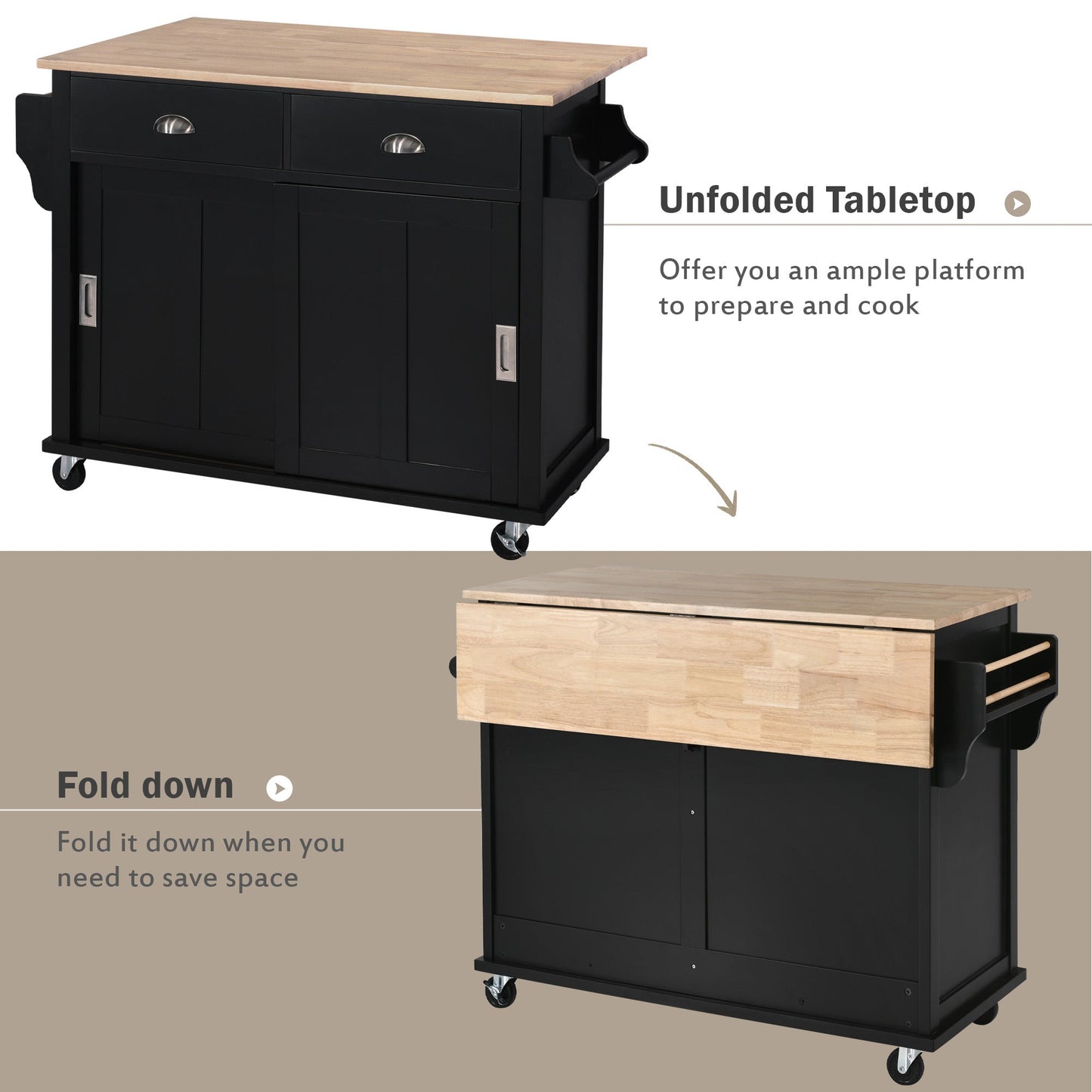 Kitchen Cart with Rubber wood Drop-Leaf Countertop, Concealed sliding barn door adjustable height,Kitchen Island on 4 Wheels with Storage Cabinet and 2 Drawers,L52.2xW30.5xH36.6 inch, Black - Divine Heart L.A.