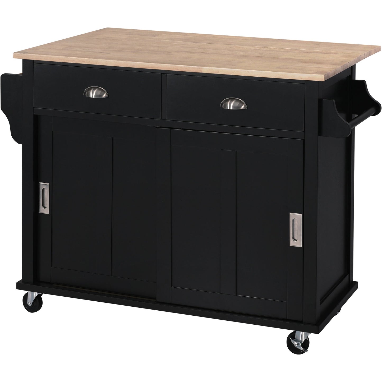 Kitchen Cart with Rubber wood Drop-Leaf Countertop, Concealed sliding barn door adjustable height,Kitchen Island on 4 Wheels with Storage Cabinet and 2 Drawers,L52.2xW30.5xH36.6 inch, Black - Divine Heart L.A.