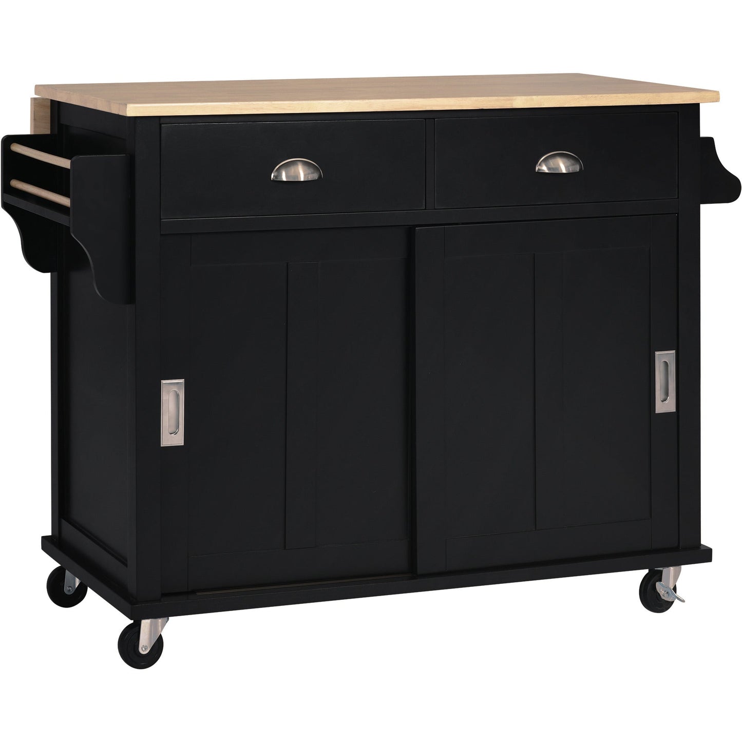 Kitchen Cart with Rubber wood Drop-Leaf Countertop, Concealed sliding barn door adjustable height,Kitchen Island on 4 Wheels with Storage Cabinet and 2 Drawers,L52.2xW30.5xH36.6 inch, Black - Divine Heart L.A.