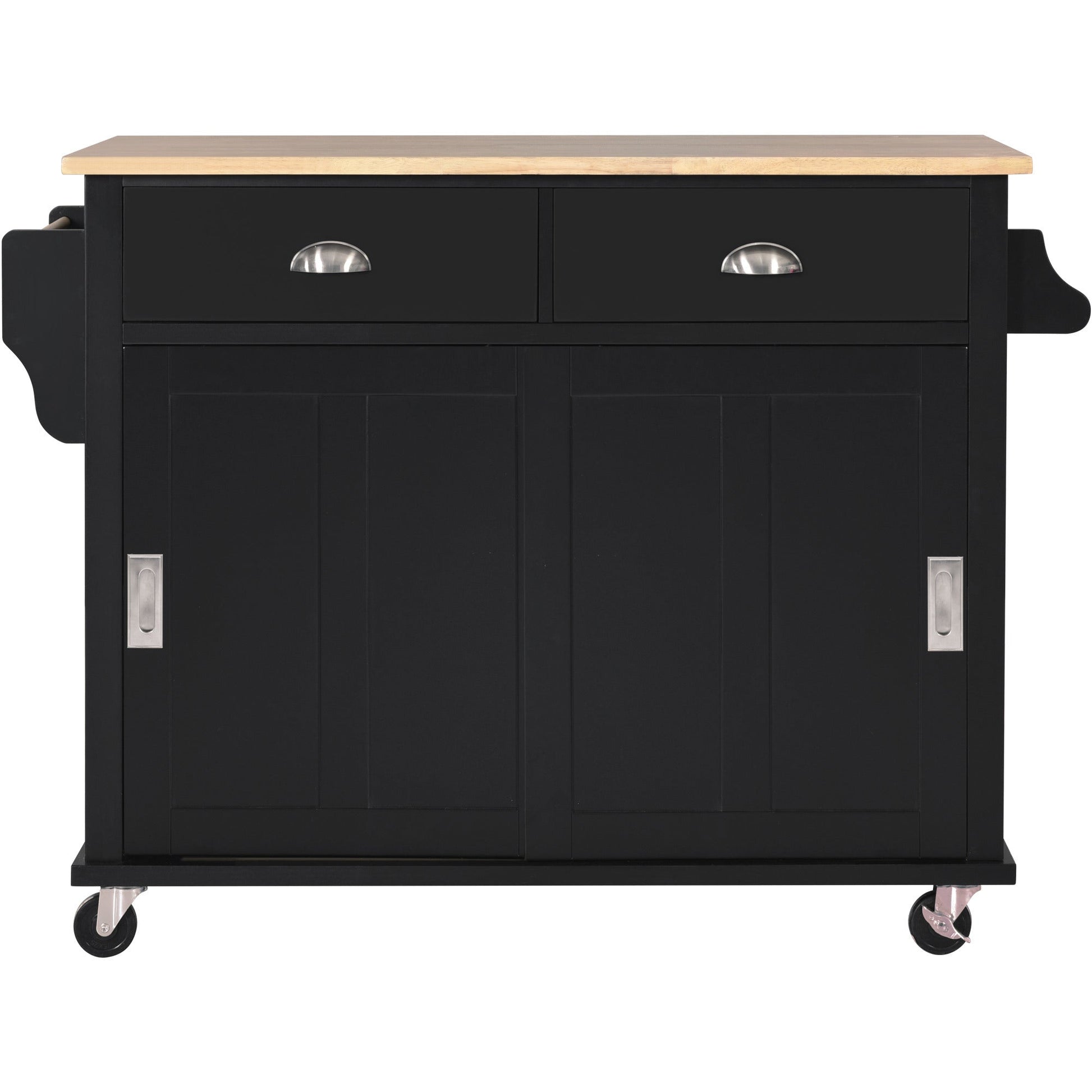 Kitchen Cart with Rubber wood Drop-Leaf Countertop, Concealed sliding barn door adjustable height,Kitchen Island on 4 Wheels with Storage Cabinet and 2 Drawers,L52.2xW30.5xH36.6 inch, Black - Divine Heart L.A.