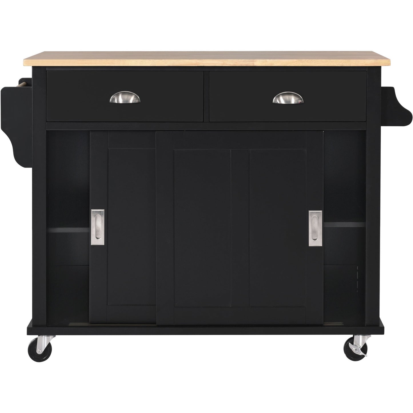 Kitchen Cart with Rubber wood Drop-Leaf Countertop, Concealed sliding barn door adjustable height,Kitchen Island on 4 Wheels with Storage Cabinet and 2 Drawers,L52.2xW30.5xH36.6 inch, Black - Divine Heart L.A.