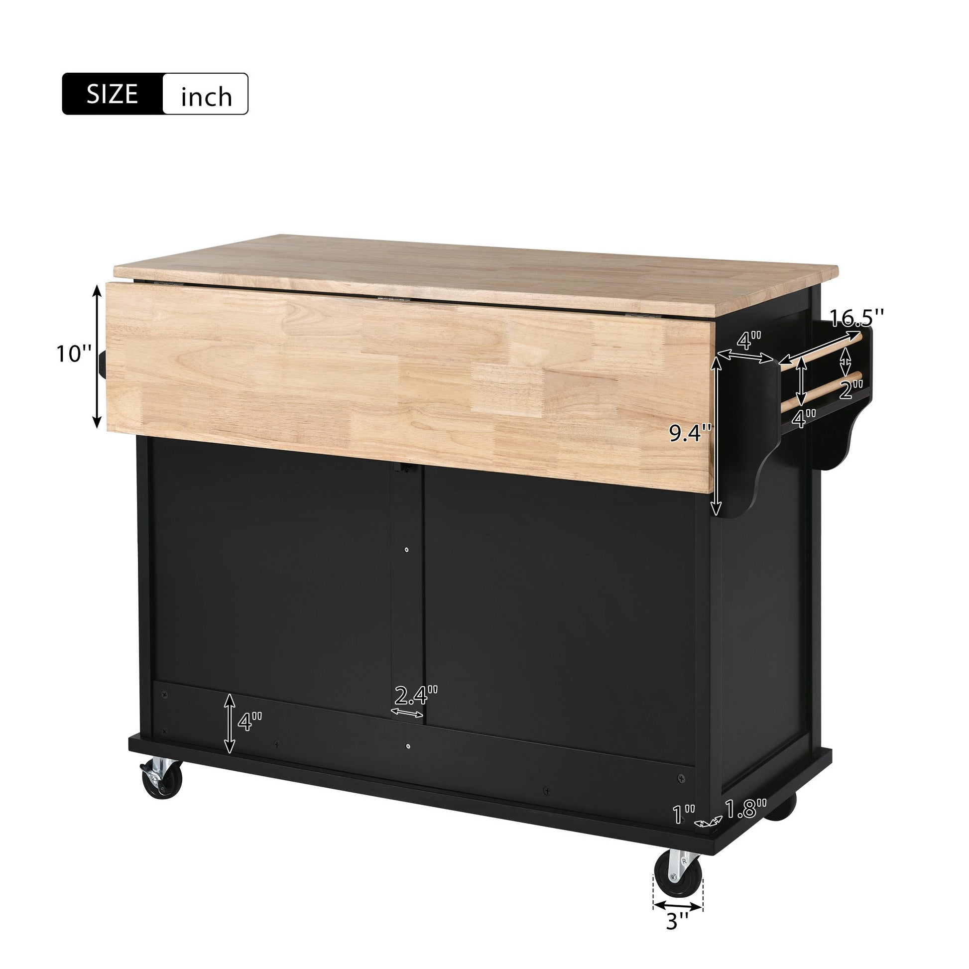 Kitchen Cart with Rubber wood Drop-Leaf Countertop, Concealed sliding barn door adjustable height,Kitchen Island on 4 Wheels with Storage Cabinet and 2 Drawers,L52.2xW30.5xH36.6 inch, Black - Divine Heart L.A.