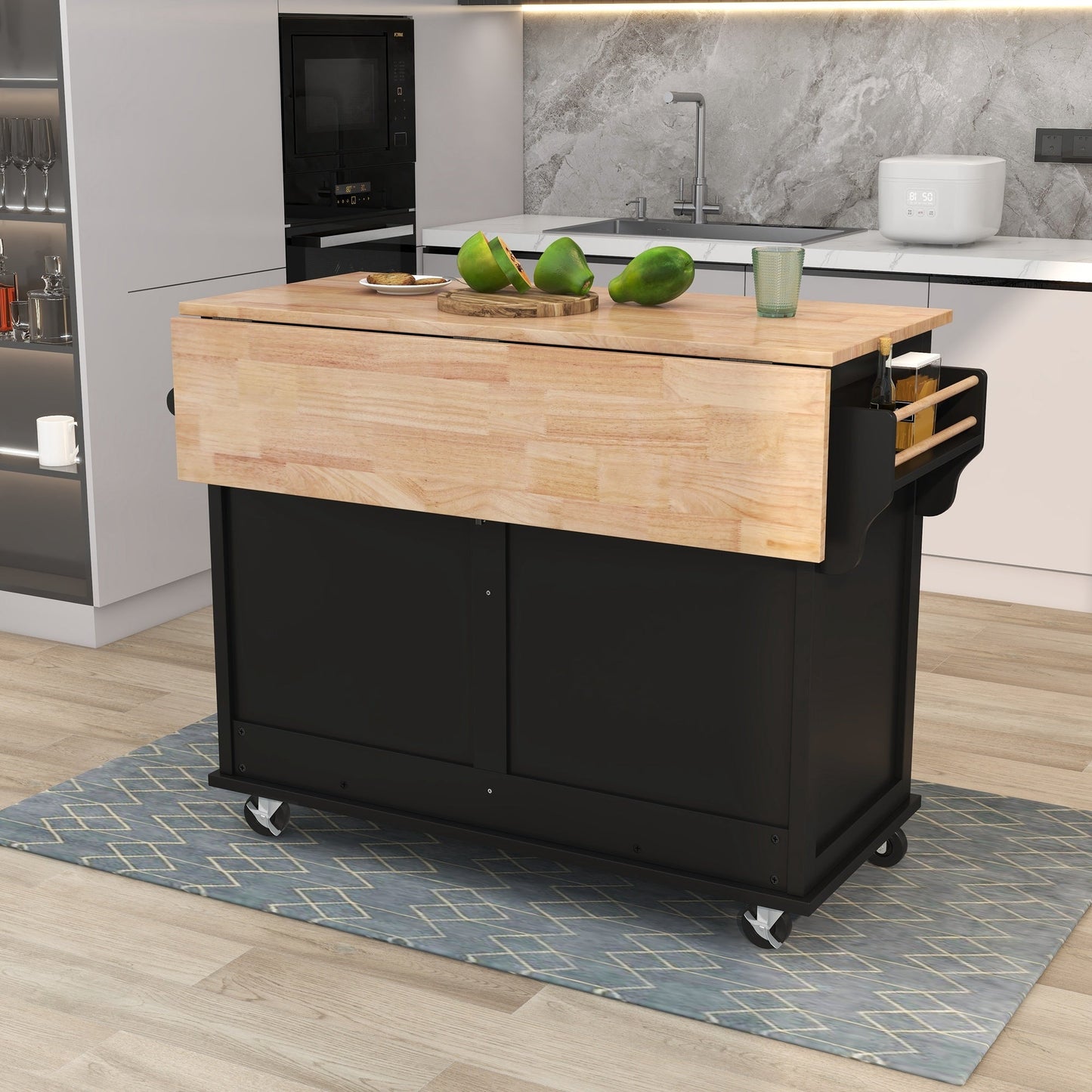 Kitchen Cart with Rubber wood Drop-Leaf Countertop, Concealed sliding barn door adjustable height,Kitchen Island on 4 Wheels with Storage Cabinet and 2 Drawers,L52.2xW30.5xH36.6 inch, Black - Divine Heart L.A.