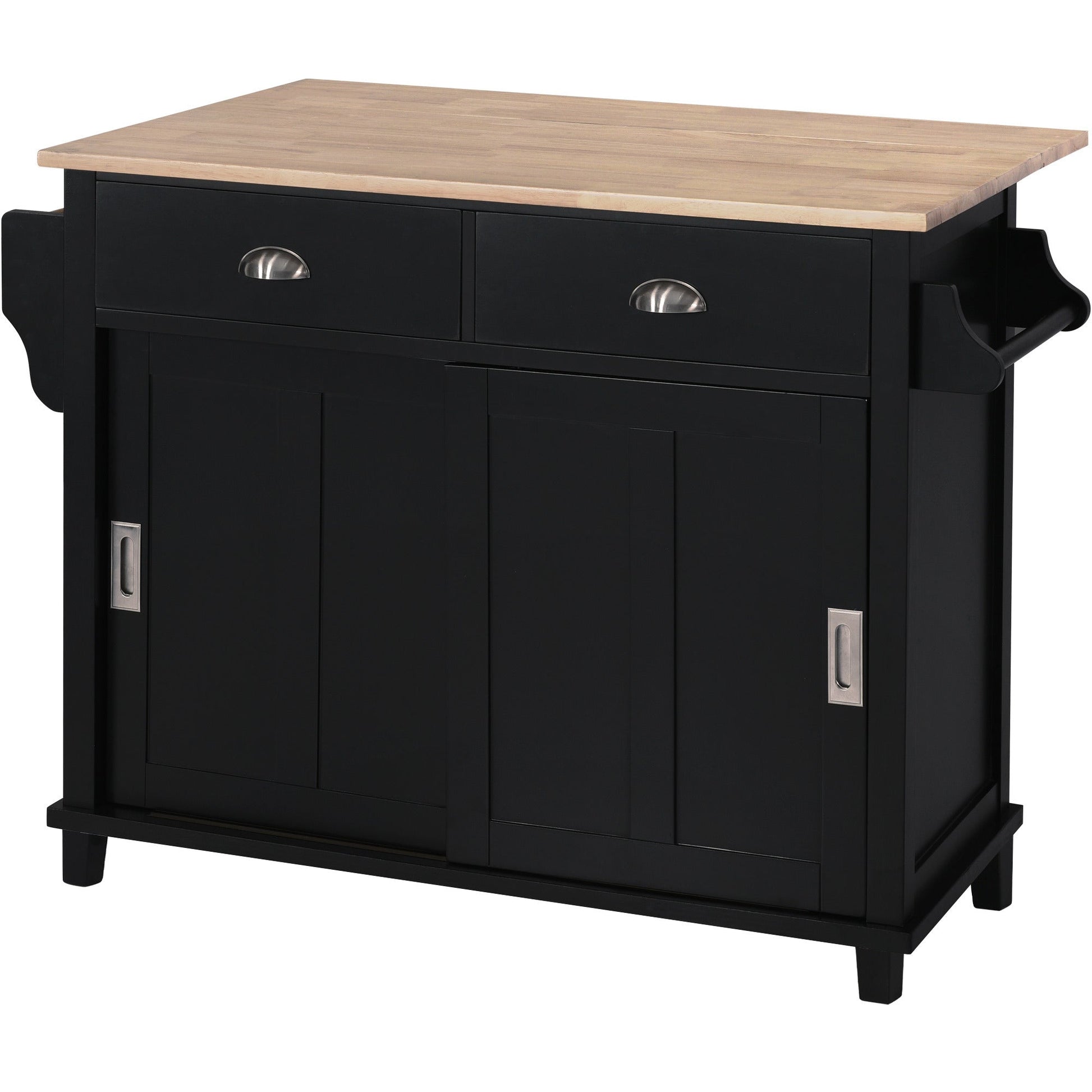 Kitchen Cart with Rubber wood Drop-Leaf Countertop, Concealed sliding barn door adjustable height,Kitchen Island on 4 Wheels with Storage Cabinet and 2 Drawers,L52.2xW30.5xH36.6 inch, Black - Divine Heart L.A.