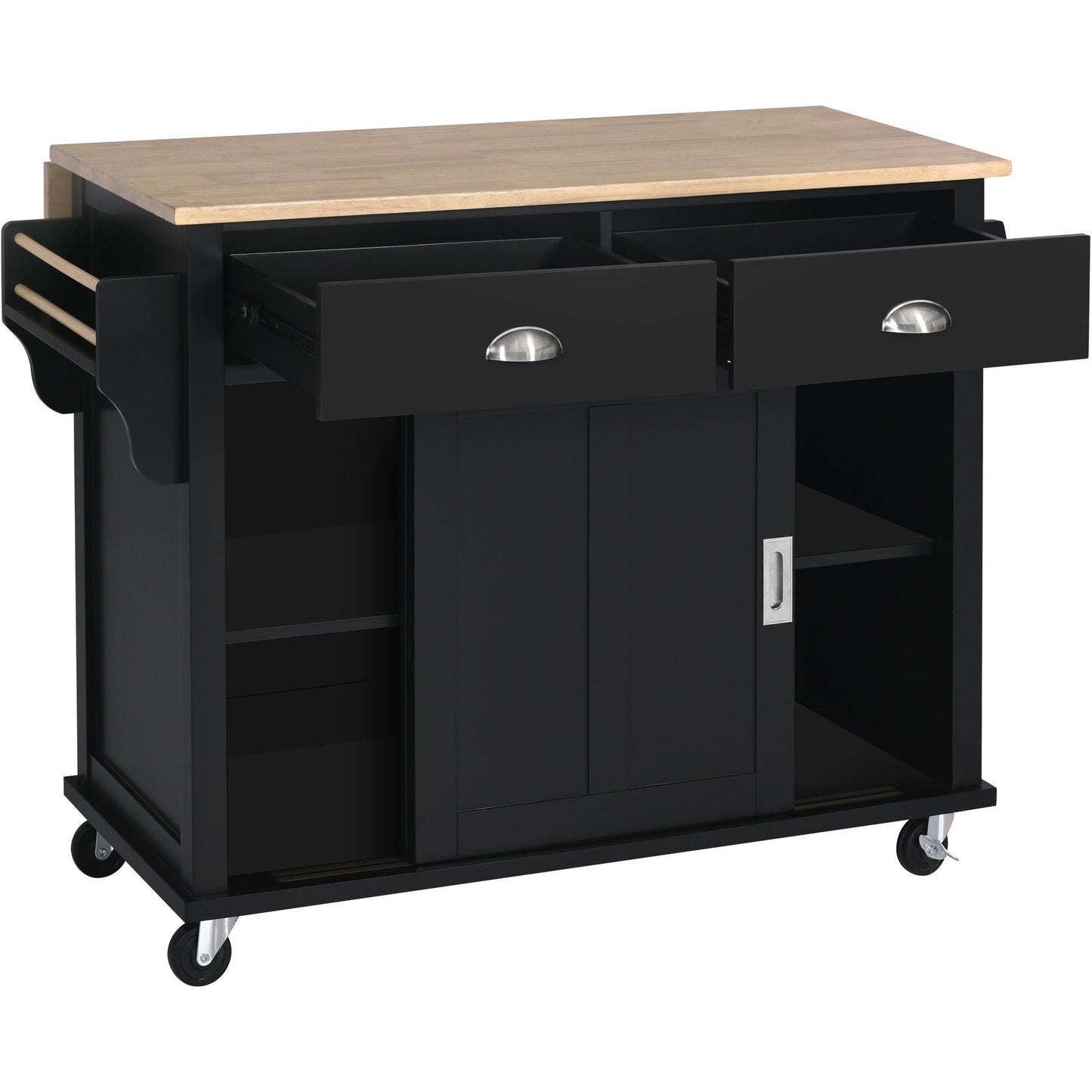 Kitchen Cart with Rubber wood Drop-Leaf Countertop, Concealed sliding barn door adjustable height,Kitchen Island on 4 Wheels with Storage Cabinet and 2 Drawers,L52.2xW30.5xH36.6 inch, Black - Divine Heart L.A.