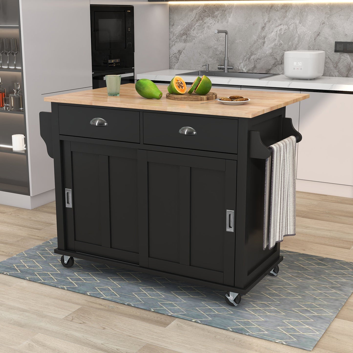 Kitchen Cart with Rubber wood Drop-Leaf Countertop, Concealed sliding barn door adjustable height,Kitchen Island on 4 Wheels with Storage Cabinet and 2 Drawers,L52.2xW30.5xH36.6 inch, Black - Divine Heart L.A.