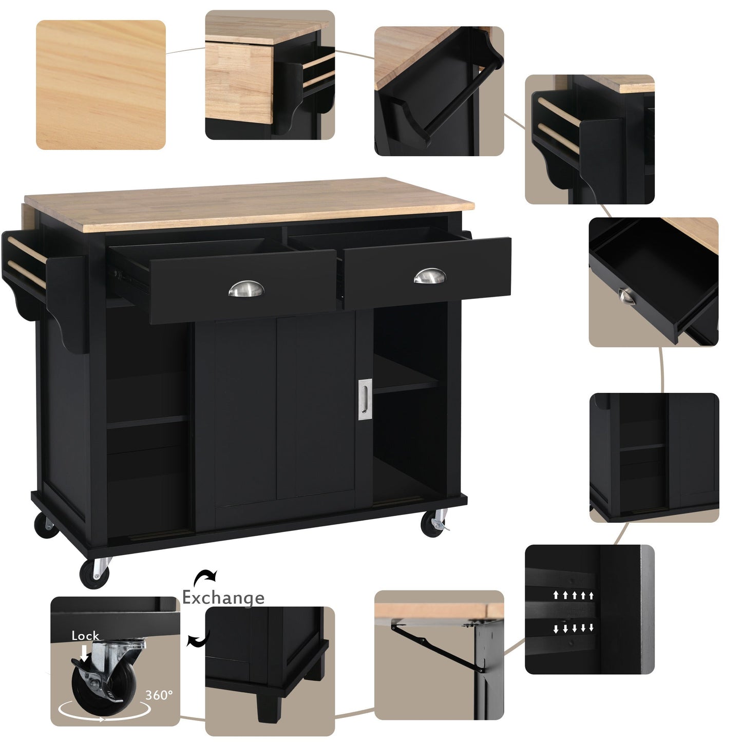 Kitchen Cart with Rubber wood Drop-Leaf Countertop, Concealed sliding barn door adjustable height,Kitchen Island on 4 Wheels with Storage Cabinet and 2 Drawers,L52.2xW30.5xH36.6 inch, Black - Divine Heart L.A.