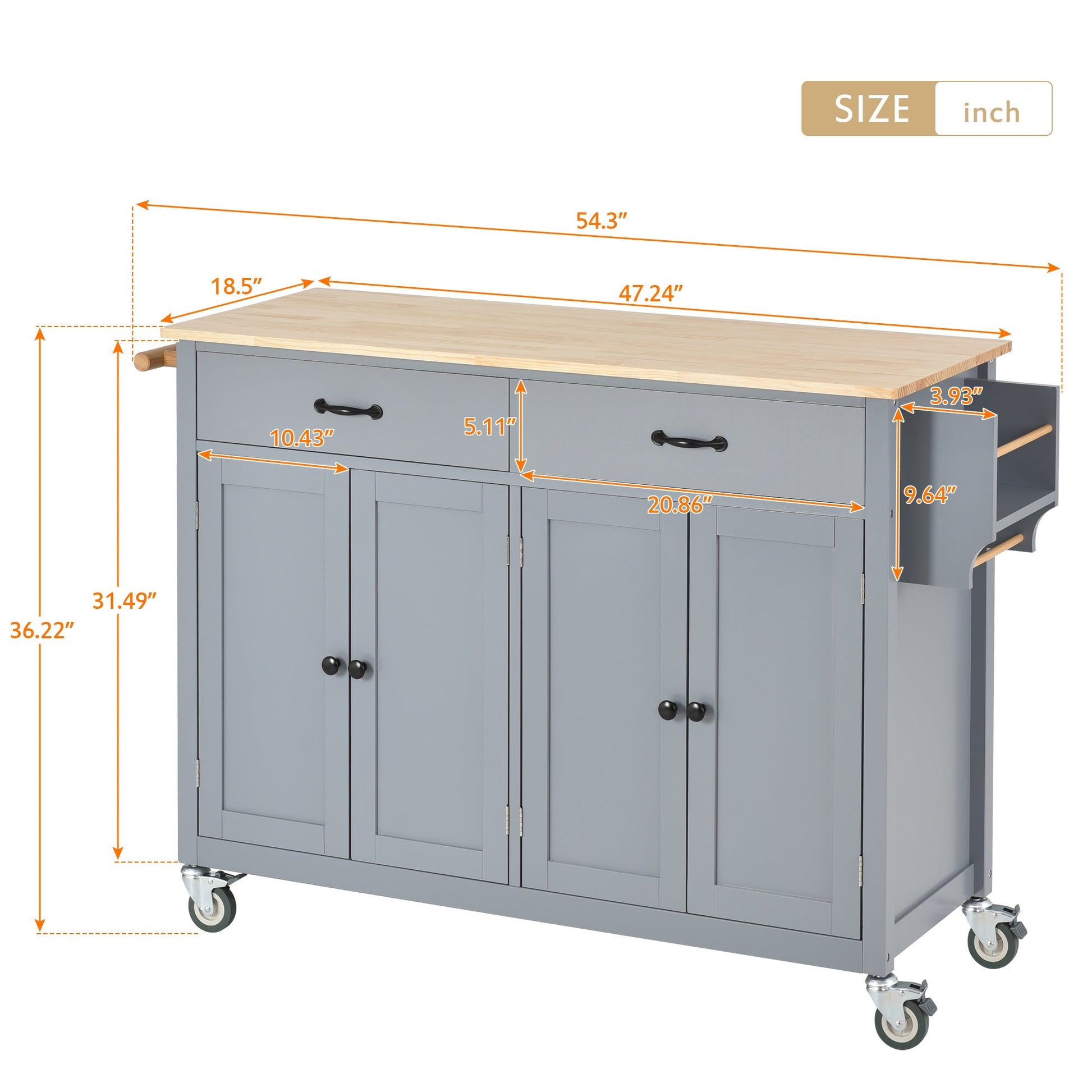 Kitchen Island Cart with Solid Wood Top and Locking Wheels,54.3 Inch Width,4 Door Cabinet and Two Drawers,Spice Rack, Towel Rack (Grey Blue) - Divine Heart L.A.