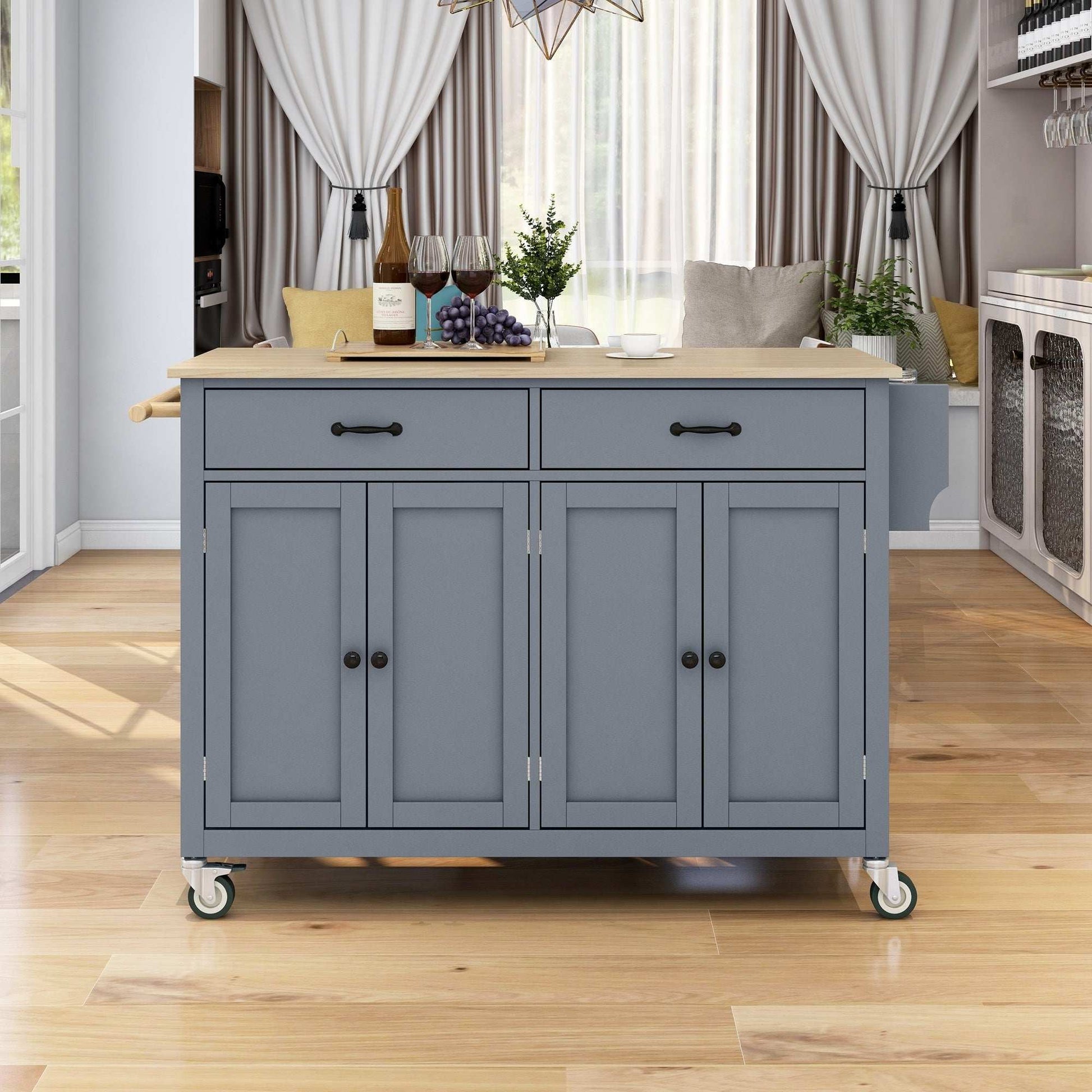 Kitchen Island Cart with Solid Wood Top and Locking Wheels,54.3 Inch Width,4 Door Cabinet and Two Drawers,Spice Rack, Towel Rack (Grey Blue) - Divine Heart L.A.