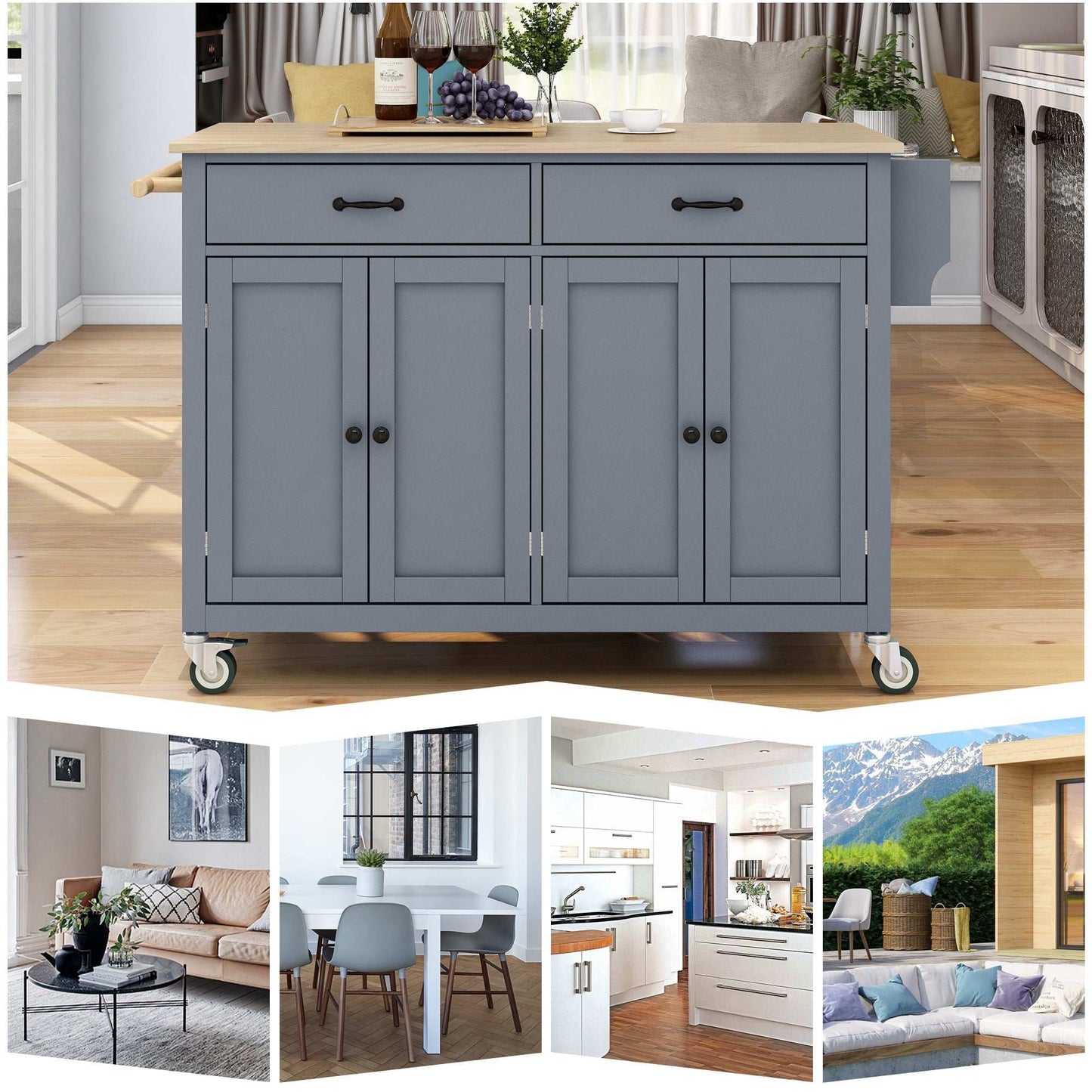 Kitchen Island Cart with Solid Wood Top and Locking Wheels,54.3 Inch Width,4 Door Cabinet and Two Drawers,Spice Rack, Towel Rack (Grey Blue) - Divine Heart L.A.