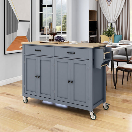 Kitchen Island Cart with Solid Wood Top and Locking Wheels,54.3 Inch Width,4 Door Cabinet and Two Drawers,Spice Rack, Towel Rack (Grey Blue) - Divine Heart L.A.