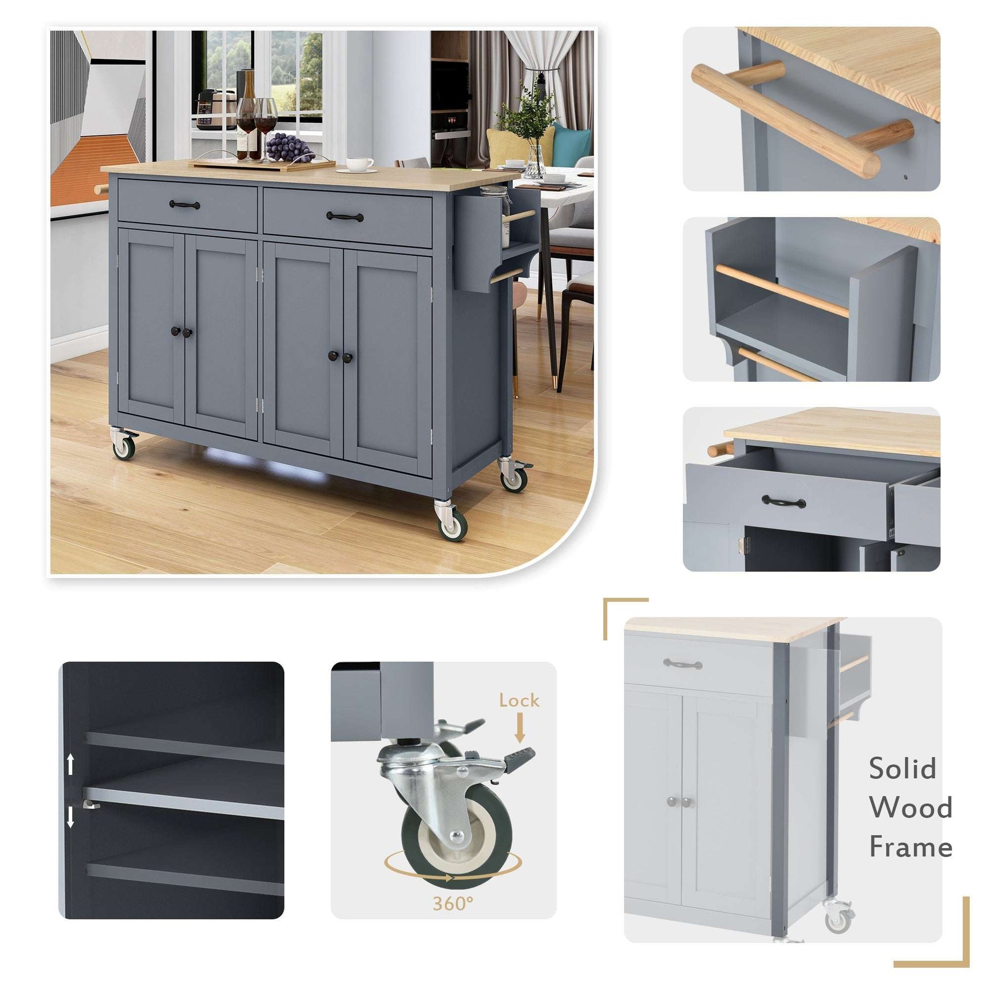 Kitchen Island Cart with Solid Wood Top and Locking Wheels,54.3 Inch Width,4 Door Cabinet and Two Drawers,Spice Rack, Towel Rack (Grey Blue) - Divine Heart L.A.