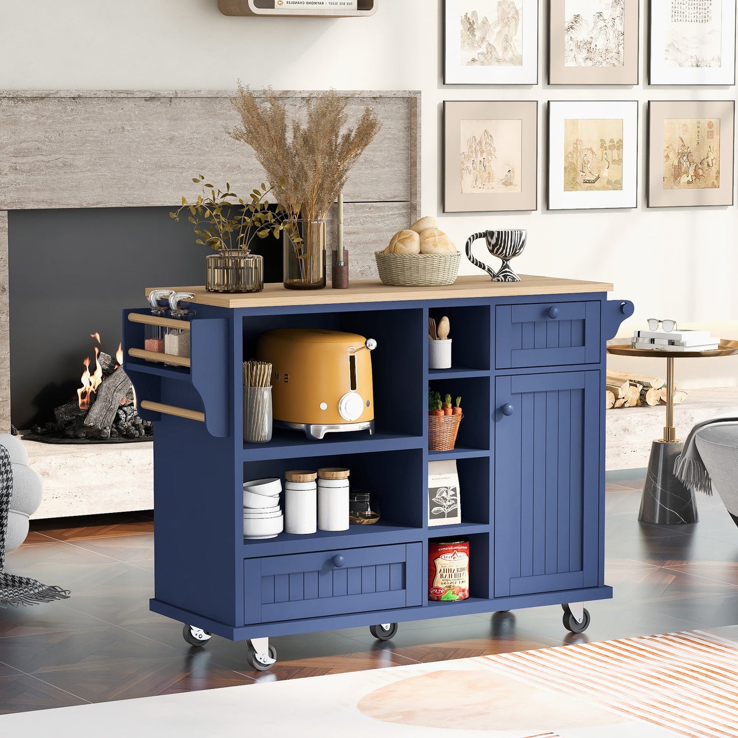 Kitchen Island Cart with Storage Cabinet and Two Locking Wheels,Solid wood desktop,Microwave cabinet,Floor Standing Buffet Server Sideboard for Kitchen Room,Dining Room,, Bathroom(Dark blue) - Divine Heart L.A.