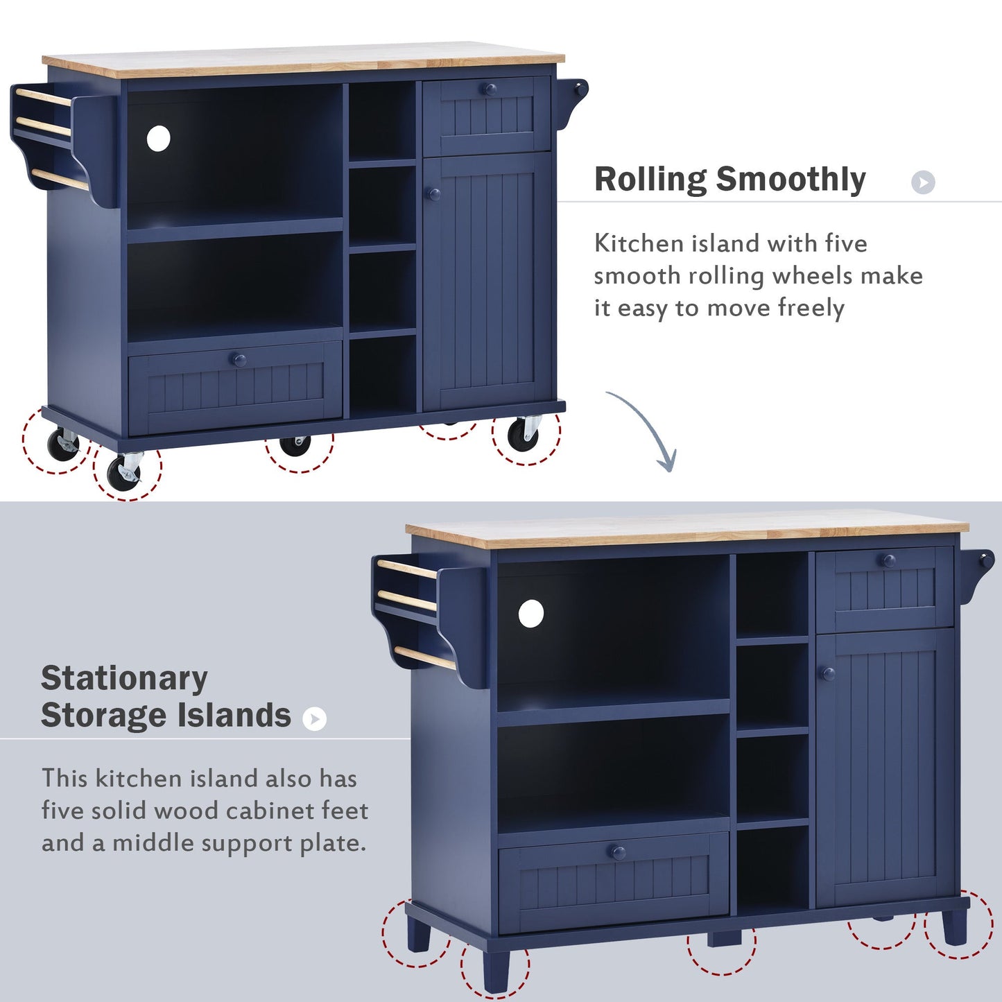 Kitchen Island Cart with Storage Cabinet and Two Locking Wheels,Solid wood desktop,Microwave cabinet,Floor Standing Buffet Server Sideboard for Kitchen Room,Dining Room,, Bathroom(Dark blue) - Divine Heart L.A.