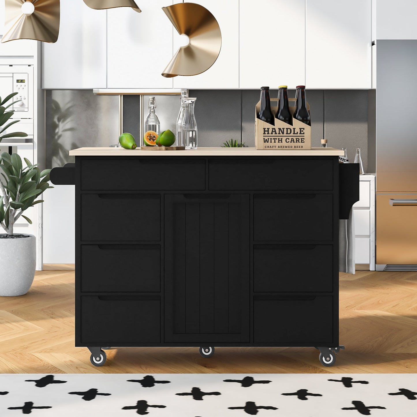 K&K Store Kitchen Cart with Rubber Wood Countertop , Kitchen Island has 8 Handle-Free Drawers Including a Flatware Organizer and 5 Wheels for Kitchen Dinning Room, Black - Divine Heart L.A.