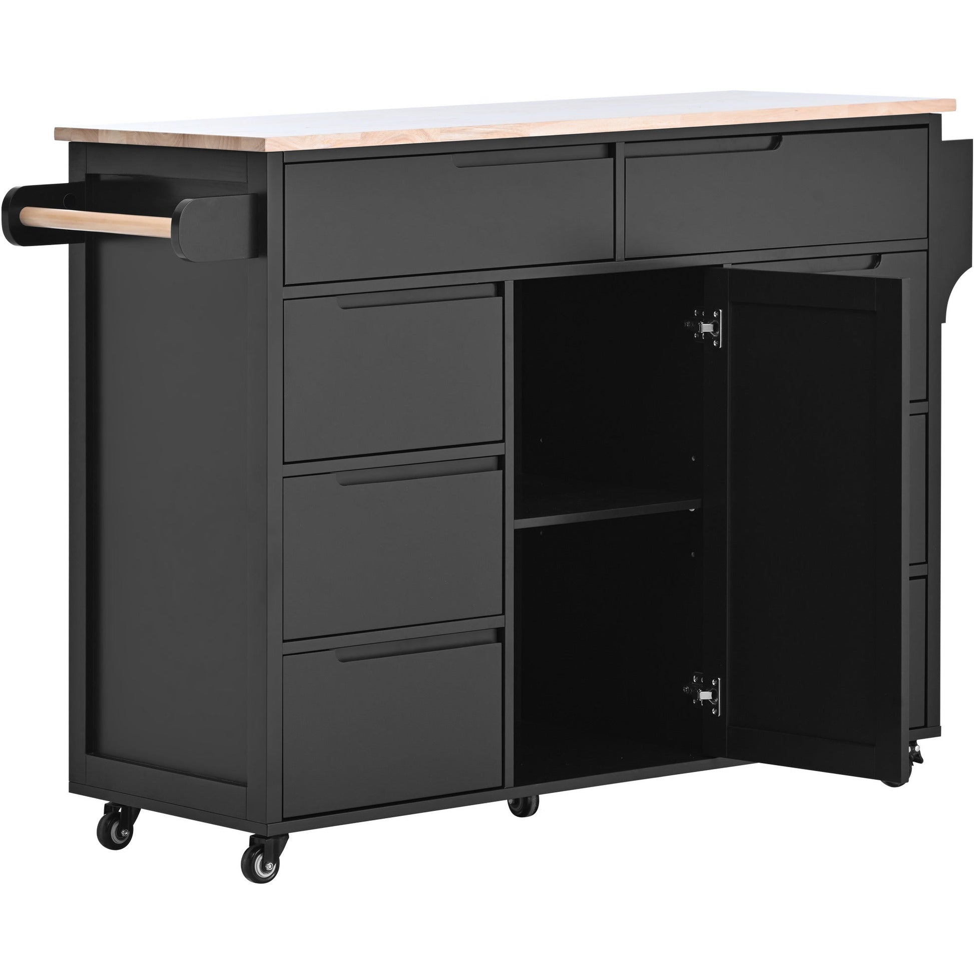 K&K Store Kitchen Cart with Rubber Wood Countertop , Kitchen Island has 8 Handle-Free Drawers Including a Flatware Organizer and 5 Wheels for Kitchen Dinning Room, Black - Divine Heart L.A.