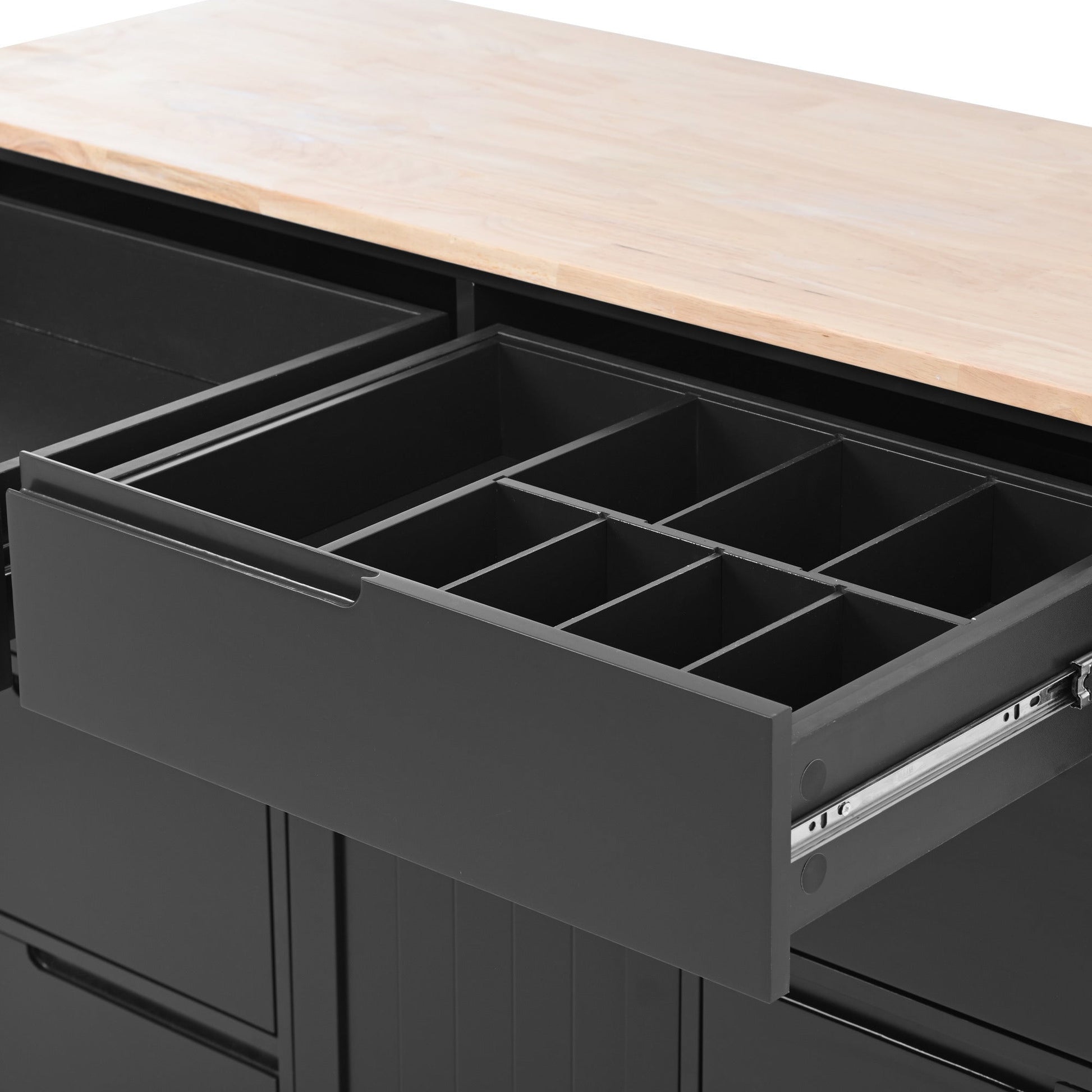 K&K Store Kitchen Cart with Rubber Wood Countertop , Kitchen Island has 8 Handle-Free Drawers Including a Flatware Organizer and 5 Wheels for Kitchen Dinning Room, Black - Divine Heart L.A.