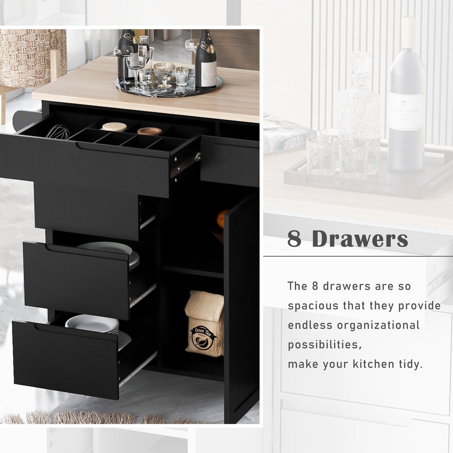 K&K Store Kitchen Cart with Rubber Wood Countertop , Kitchen Island has 8 Handle-Free Drawers Including a Flatware Organizer and 5 Wheels for Kitchen Dinning Room, Black - Divine Heart L.A.