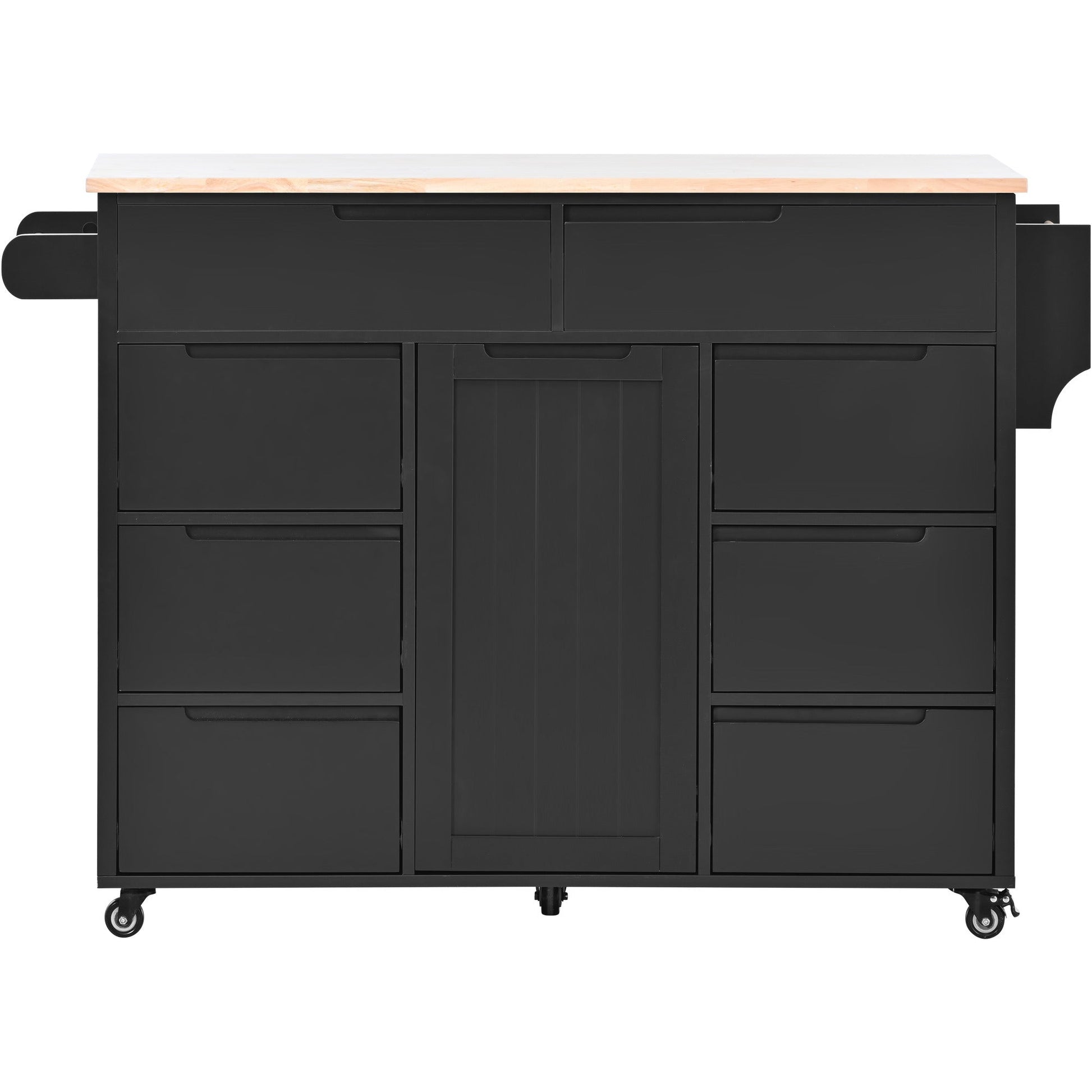 K&K Store Kitchen Cart with Rubber Wood Countertop , Kitchen Island has 8 Handle-Free Drawers Including a Flatware Organizer and 5 Wheels for Kitchen Dinning Room, Black - Divine Heart L.A.