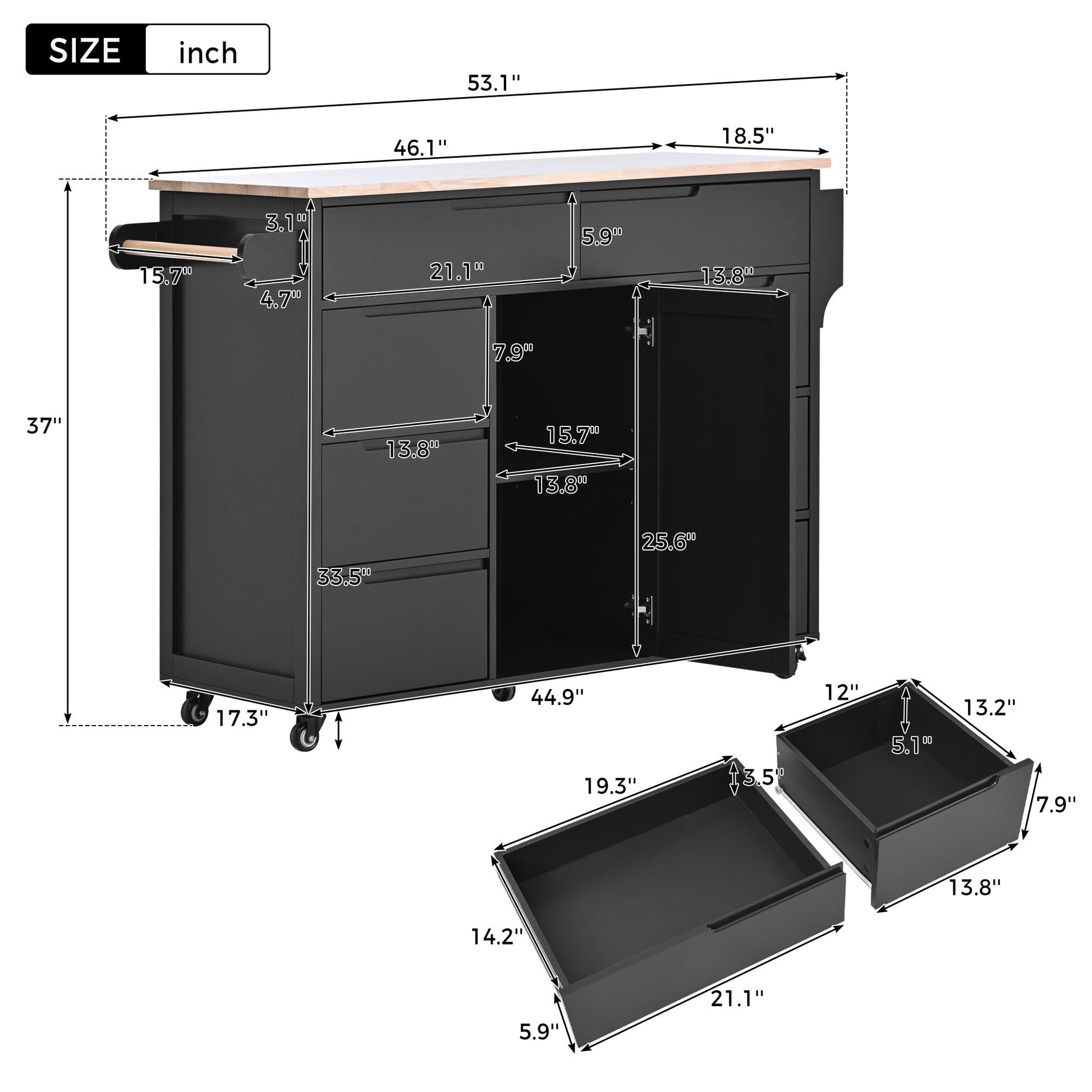 K&K Store Kitchen Cart with Rubber Wood Countertop , Kitchen Island has 8 Handle-Free Drawers Including a Flatware Organizer and 5 Wheels for Kitchen Dinning Room, Black - Divine Heart L.A.