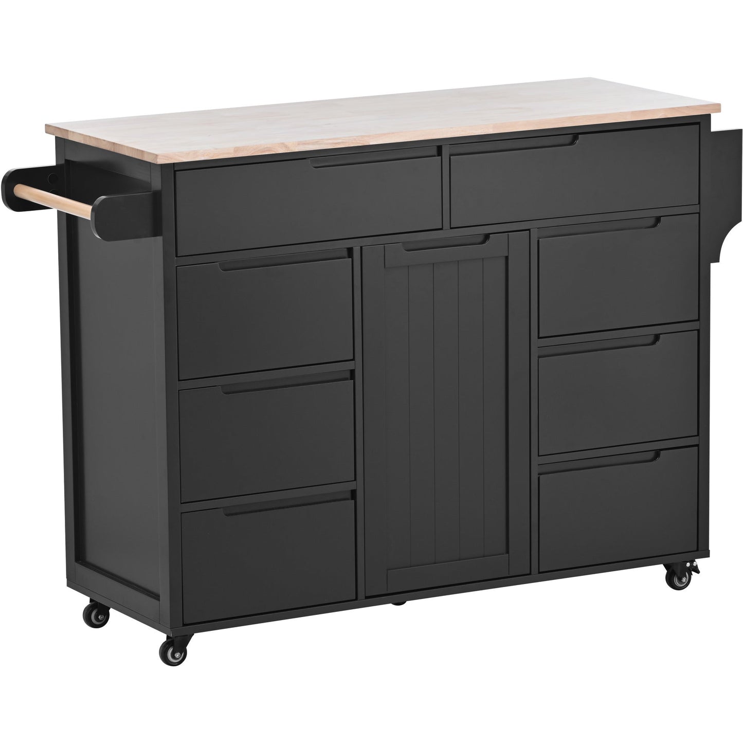 K&K Store Kitchen Cart with Rubber Wood Countertop , Kitchen Island has 8 Handle-Free Drawers Including a Flatware Organizer and 5 Wheels for Kitchen Dinning Room, Black - Divine Heart L.A.