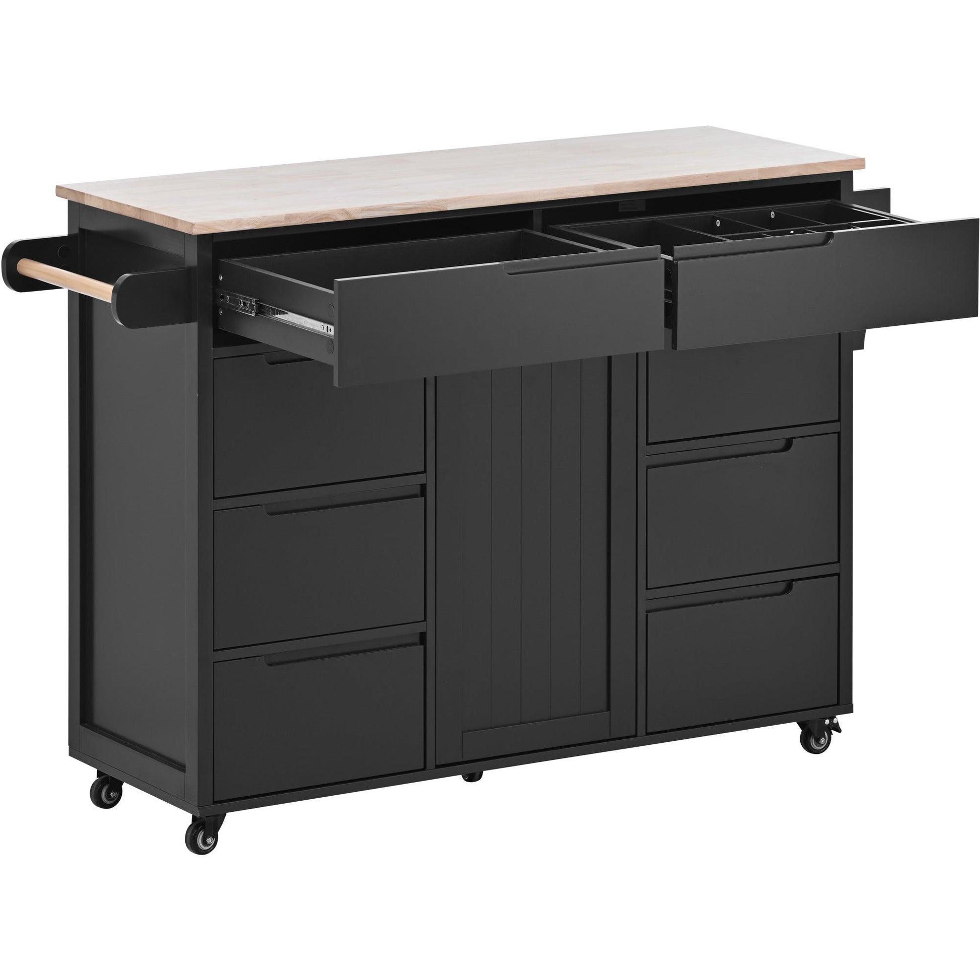 K&K Store Kitchen Cart with Rubber Wood Countertop , Kitchen Island has 8 Handle-Free Drawers Including a Flatware Organizer and 5 Wheels for Kitchen Dinning Room, Black - Divine Heart L.A.