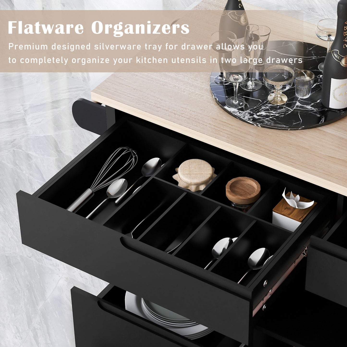 K&K Store Kitchen Cart with Rubber Wood Countertop , Kitchen Island has 8 Handle-Free Drawers Including a Flatware Organizer and 5 Wheels for Kitchen Dinning Room, Black - Divine Heart L.A.