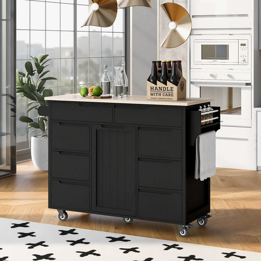 K&K Store Kitchen Cart with Rubber Wood Countertop , Kitchen Island has 8 Handle-Free Drawers Including a Flatware Organizer and 5 Wheels for Kitchen Dinning Room, Black - Divine Heart L.A.