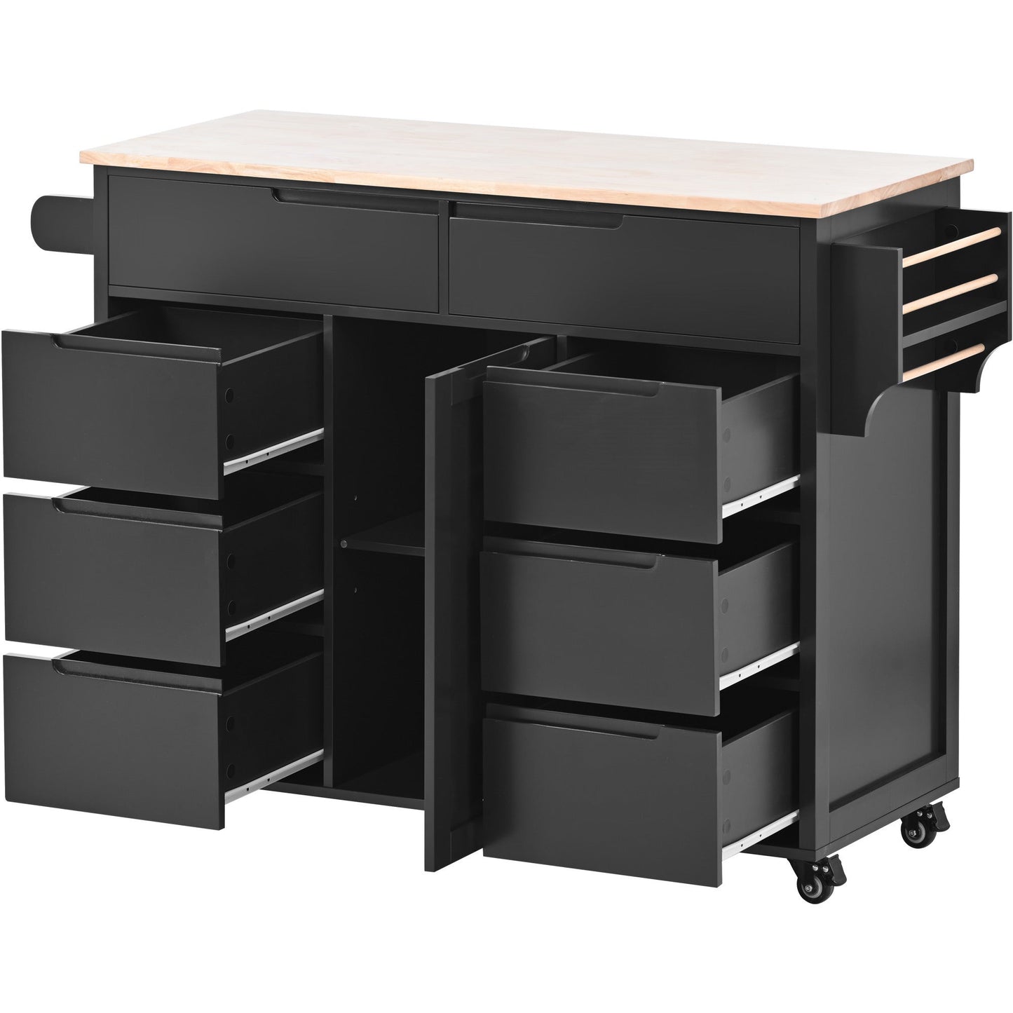 K&K Store Kitchen Cart with Rubber Wood Countertop , Kitchen Island has 8 Handle-Free Drawers Including a Flatware Organizer and 5 Wheels for Kitchen Dinning Room, Black - Divine Heart L.A.