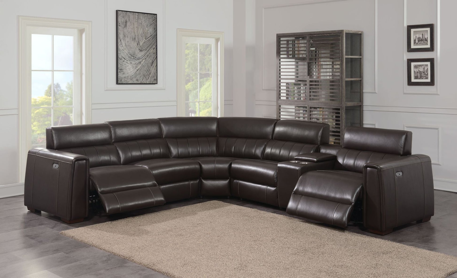 Leather Power Reclining Sectional - Top-Grain Leather, Transitional Styling, Espresso Color, Power Features, USB Charging - Divine Heart L.A.