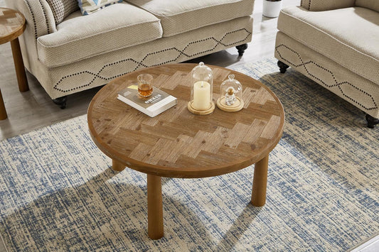 Living Room Central Round Table, Farmhouse Round Coffee Table, Round Wooden Rustic Natural Table with Thick Cylindrical Legs (Classic, 35.43 X 35.43 X 18.31 in) - Divine Heart L.A.