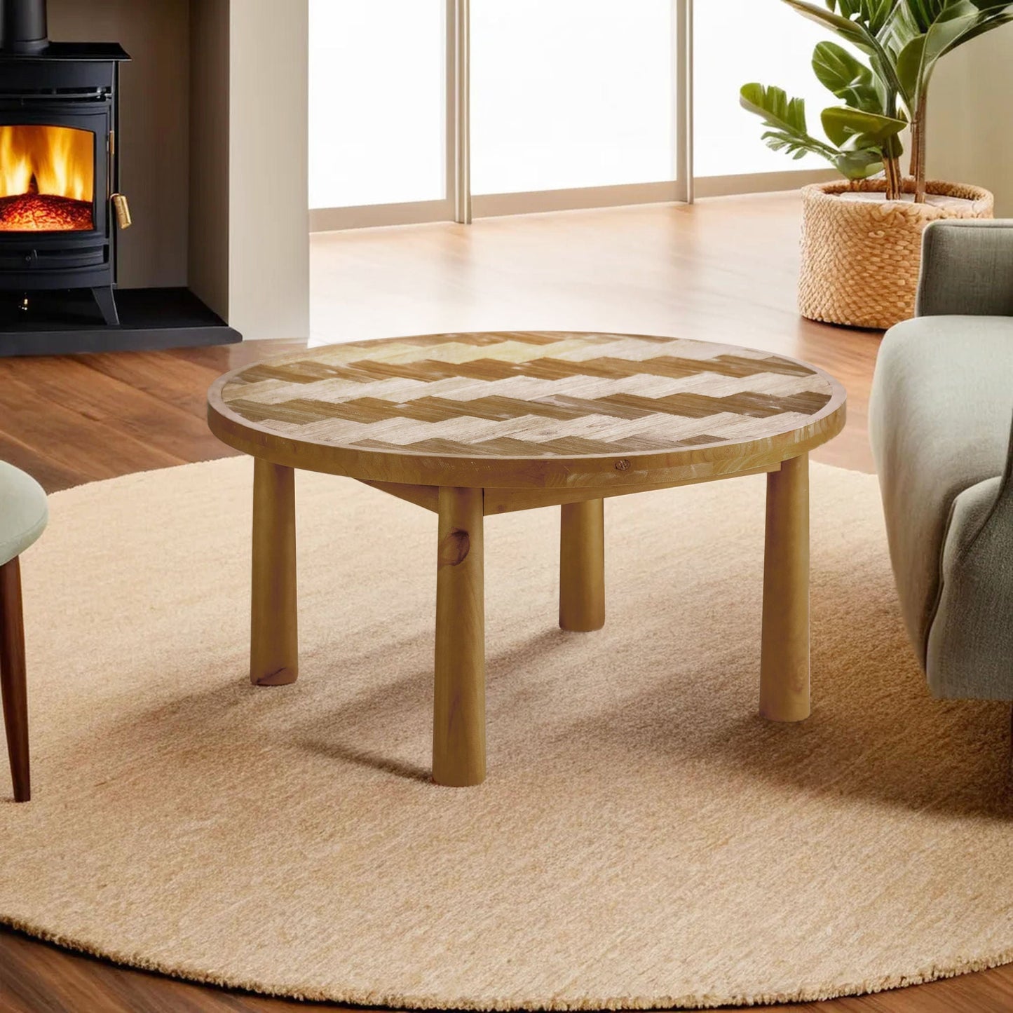 Living Room Central Round Table, Farmhouse Round Coffee Table, Round Wooden Rustic Natural Table with Thick Cylindrical Legs (Classic, 35.43 X 35.43 X 18.31 in) - Divine Heart L.A.