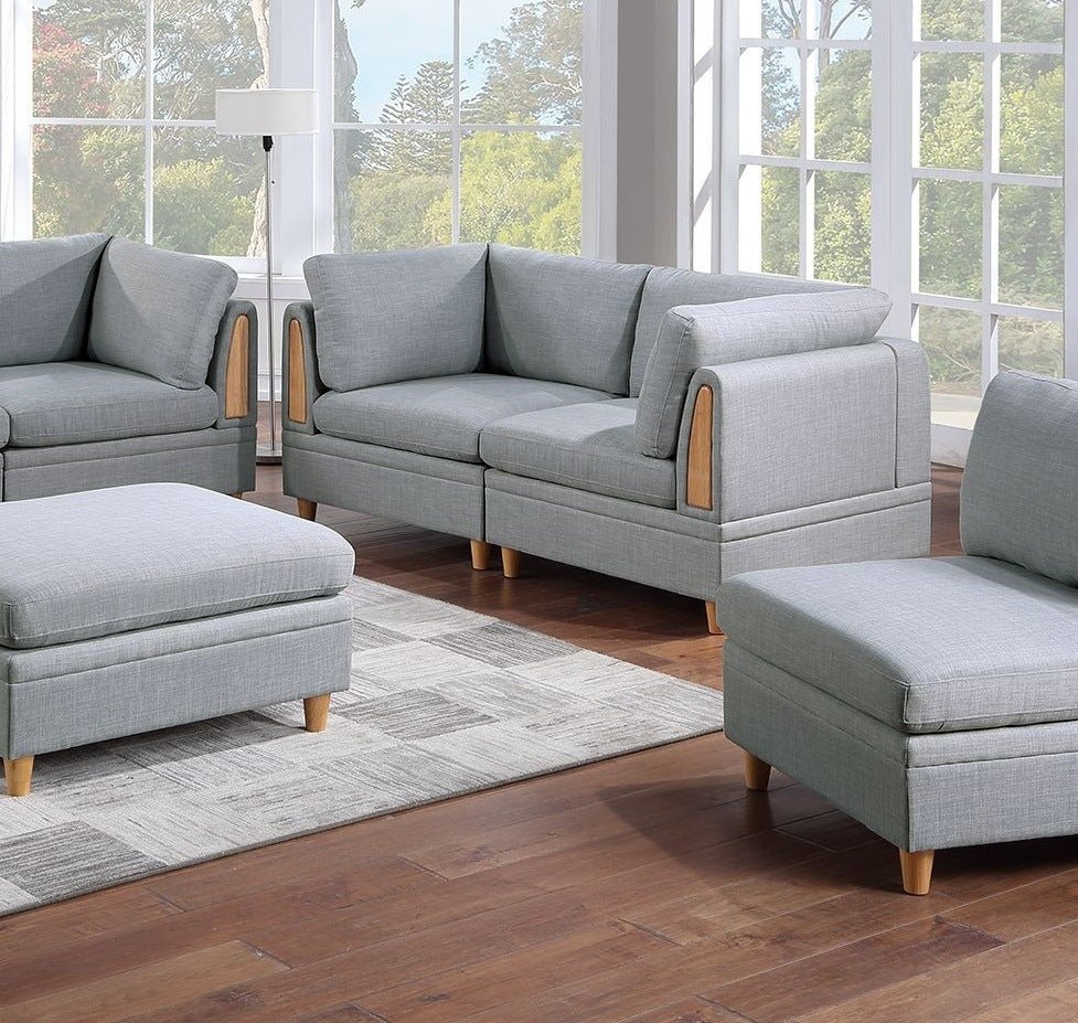 Living Room Furniture 7pc Modular Sofa Set Light Grey Dorris Fabric Couch 4x Corner Wedges 2x Armless Chair And 1x Ottoman - Divine Heart L.A.