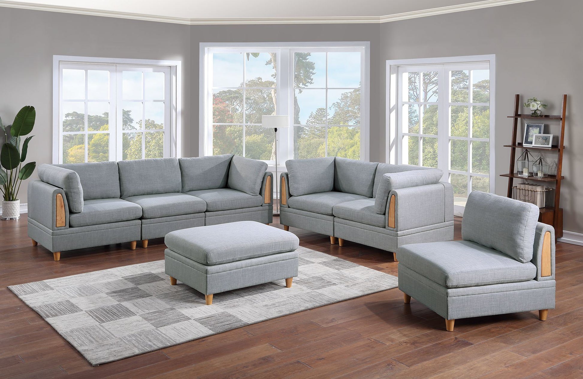 Living Room Furniture 7pc Modular Sofa Set Light Grey Dorris Fabric Couch 4x Corner Wedges 2x Armless Chair And 1x Ottoman - Divine Heart L.A.