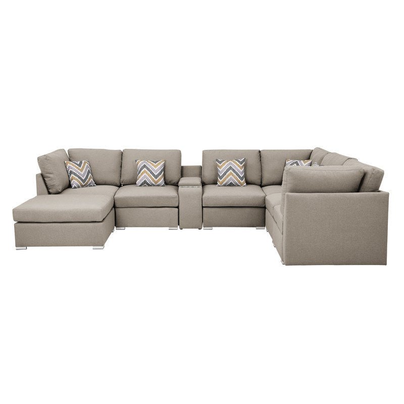 Lucy 131.5" Beige Fabric Reversible Modular Sectional Sofa with USB Console and Ottoman - Divine Heart L.A.