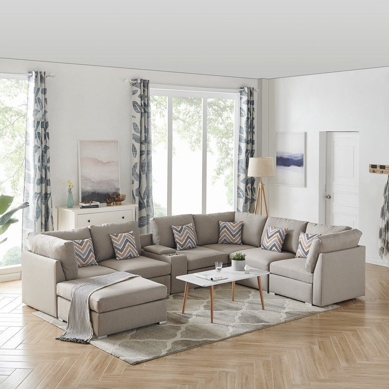 Lucy 131.5" Beige Fabric Reversible Modular Sectional Sofa with USB Console and Ottoman - Divine Heart L.A.