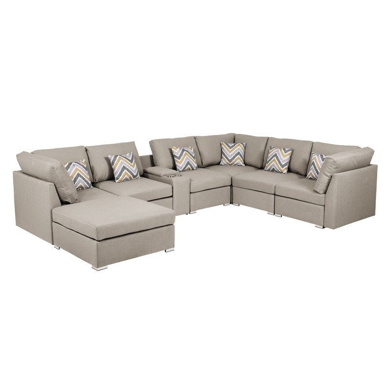 Lucy 131.5" Beige Fabric Reversible Modular Sectional Sofa with USB Console and Ottoman - Divine Heart L.A.