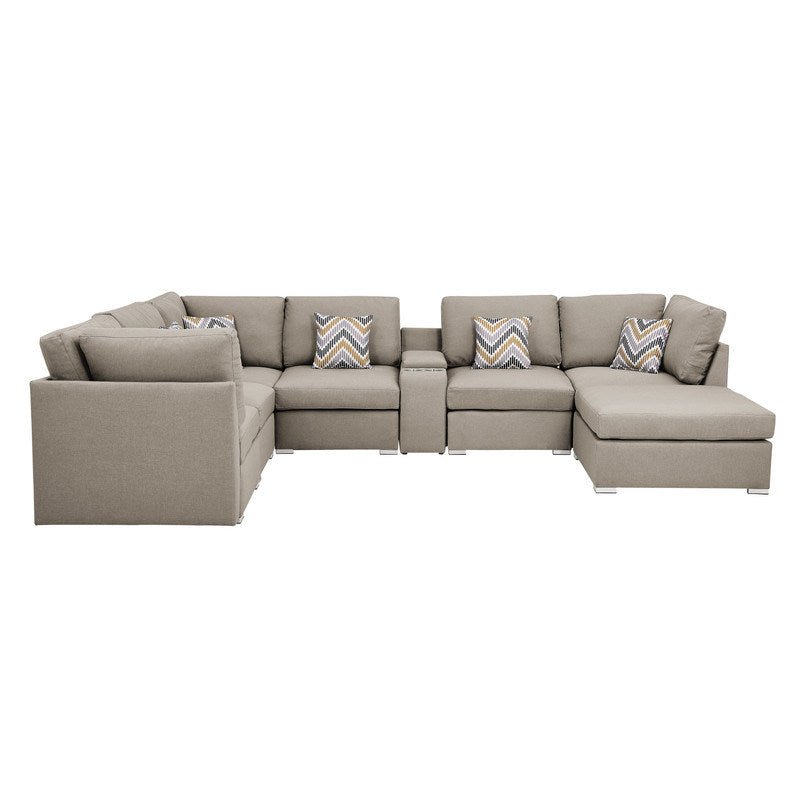 Lucy 131.5" Beige Fabric Reversible Modular Sectional Sofa with USB Console and Ottoman - Divine Heart L.A.