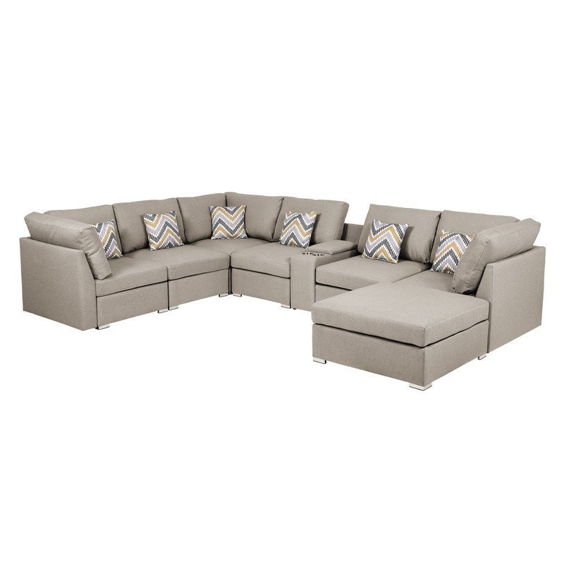 Lucy 131.5" Beige Fabric Reversible Modular Sectional Sofa with USB Console and Ottoman - Divine Heart L.A.