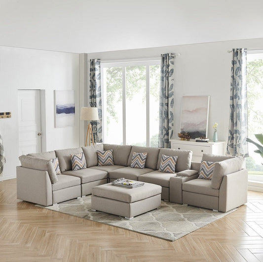 Lucy 131.5" Beige Fabric Reversible Modular Sectional Sofa with USB Console and Ottoman - Divine Heart L.A.