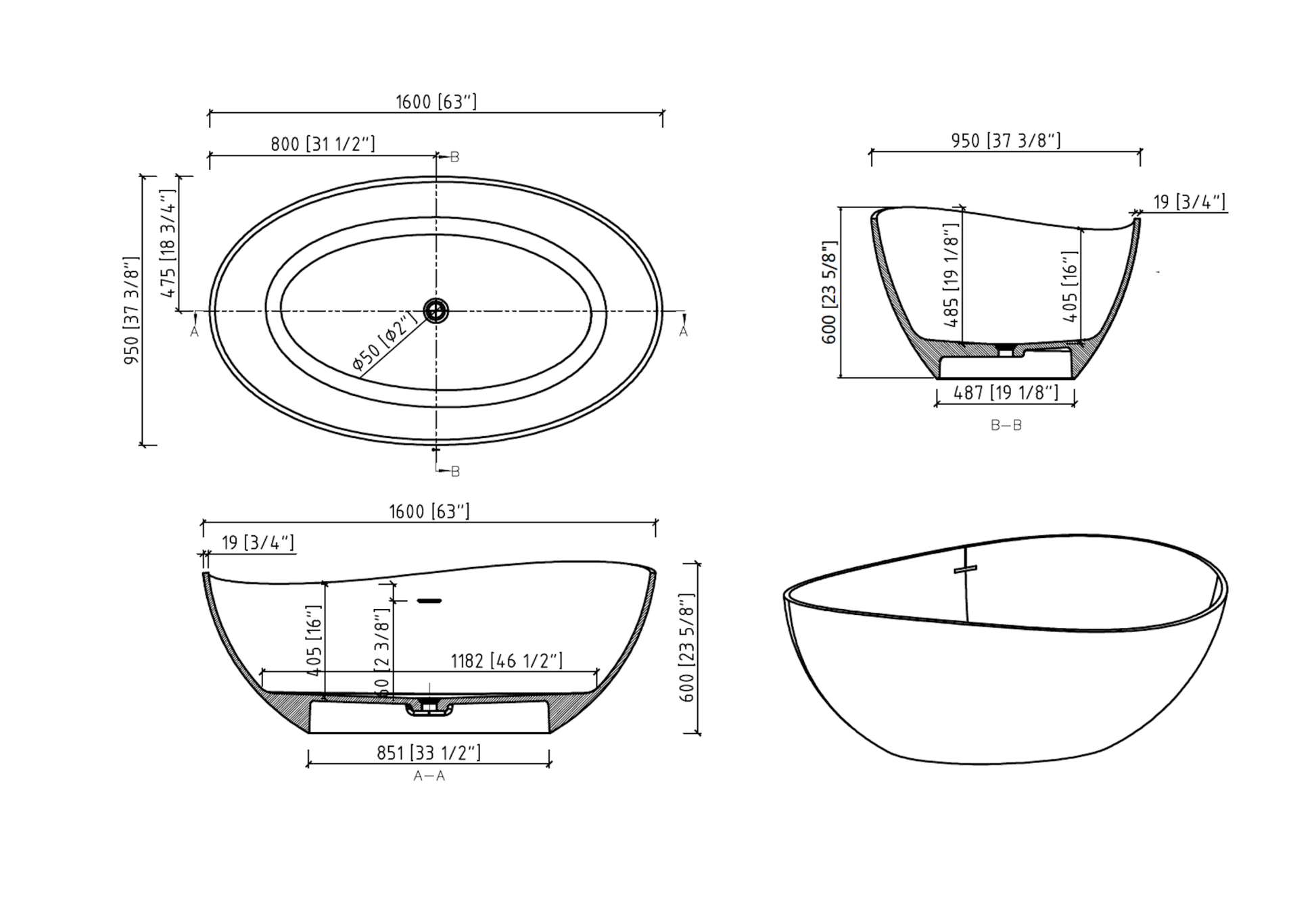 Luxury Matte White Solid Surface Stone Resin Freestanding Soaking Bathtub with Overflow, cUPC Certified - 63*37.5 22S05 - 63 - 1 - Divine Heart L.A.