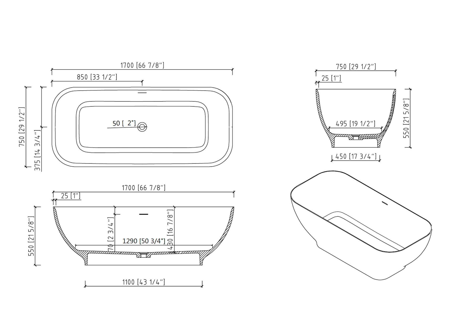 Luxury Solid Surface Freestanding Soaking Bathtub with Overflow and Drain in Matte White, cUPC Certified - 67*29.5 22S04 - 67 - Divine Heart L.A.